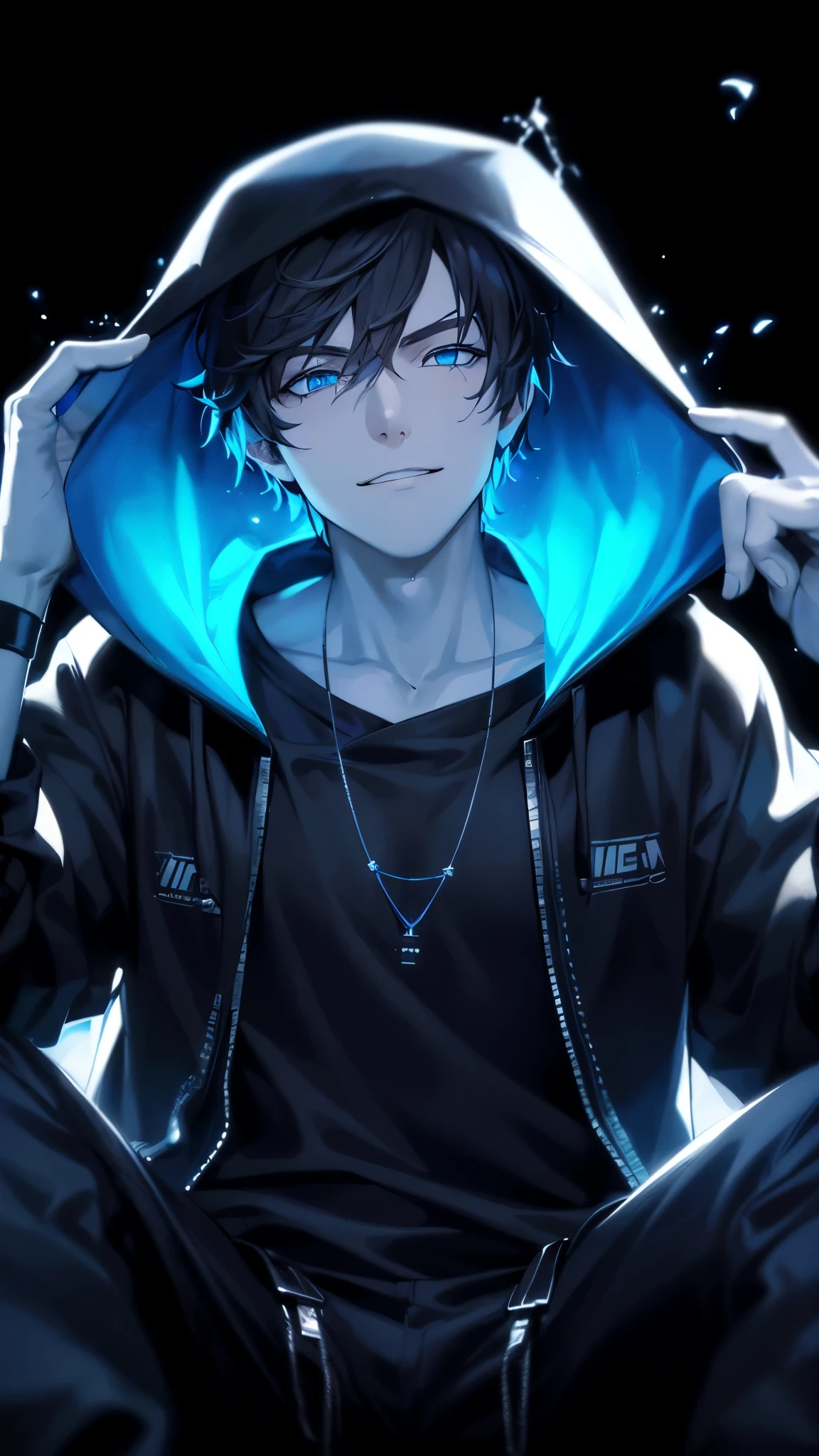 a handsome guy、serious expression、please close your mouth、He is wearing a black hoodie and has his hood up.、cool look、blue neon light、Highly Detailed CG Unity 8K Wallpaper, (super masterpiece, beautiful person, well detailed face polluted smile, It&#39;s photorealistic, hyper realistic)