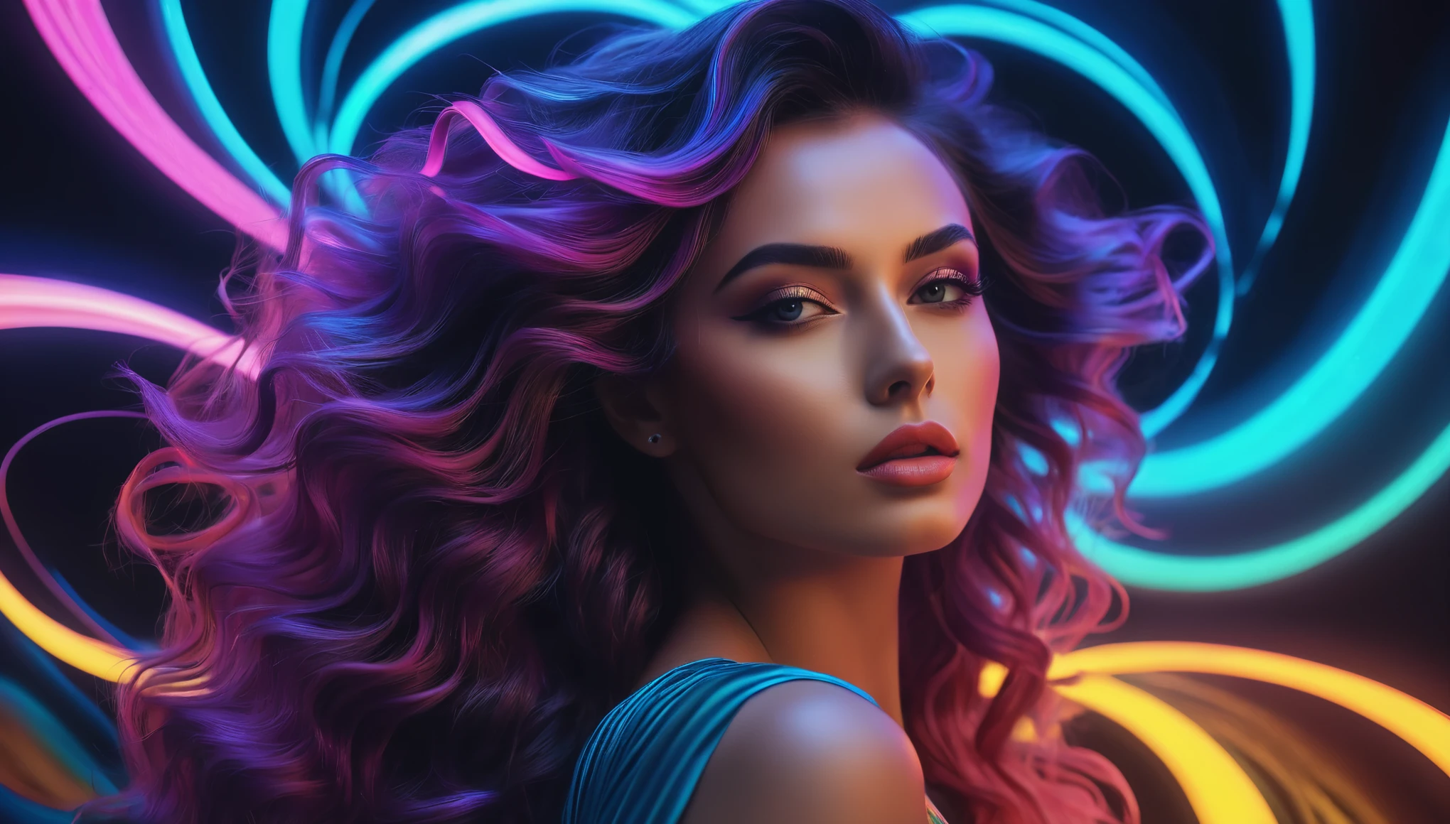extra  detail photography arts 8k ,standing,beautiful,softly illuminated face,flowing hair,perfect features,perfect hands,fluorescent semi-transparent clothes,sitting in space between celestial bodies,black background with dots of glitter