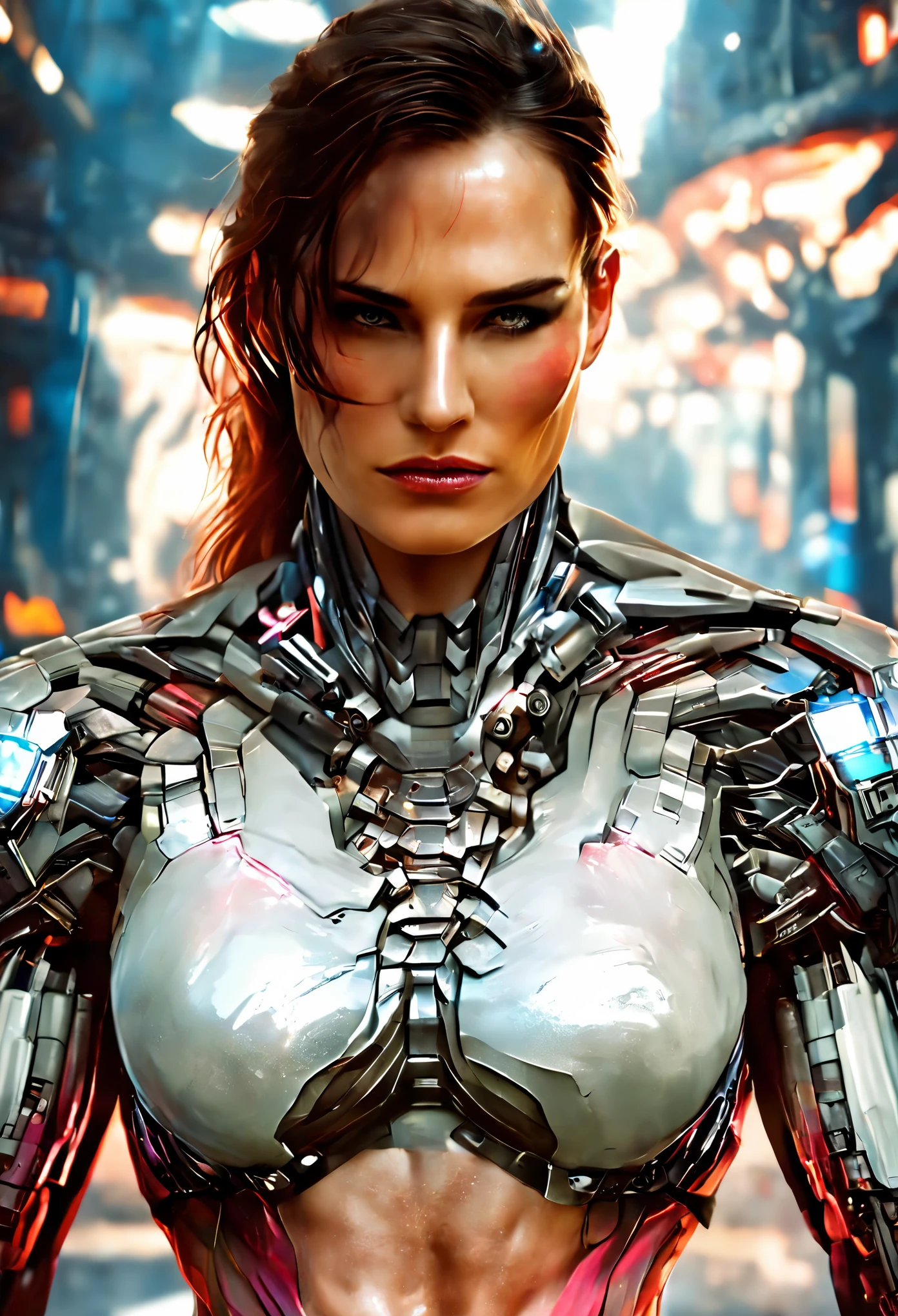 Medium shot of a sexy female cyborg wearing scratched and stained futuristic armor in a destroyed futuristic city, fantasia, sci-fi, lindo rosto feminino, sedutor, sexual, mist, vivid and seductive eyes, obra-prima da melhor qualidade, fotorrealista, detalhado, 8K, hdr, profundidade superficial de campo, luz ampla, alto contraste, backlight, florescer, brilhos de luz, Chromatic aberration, sharp focus, Foto colorida RAW