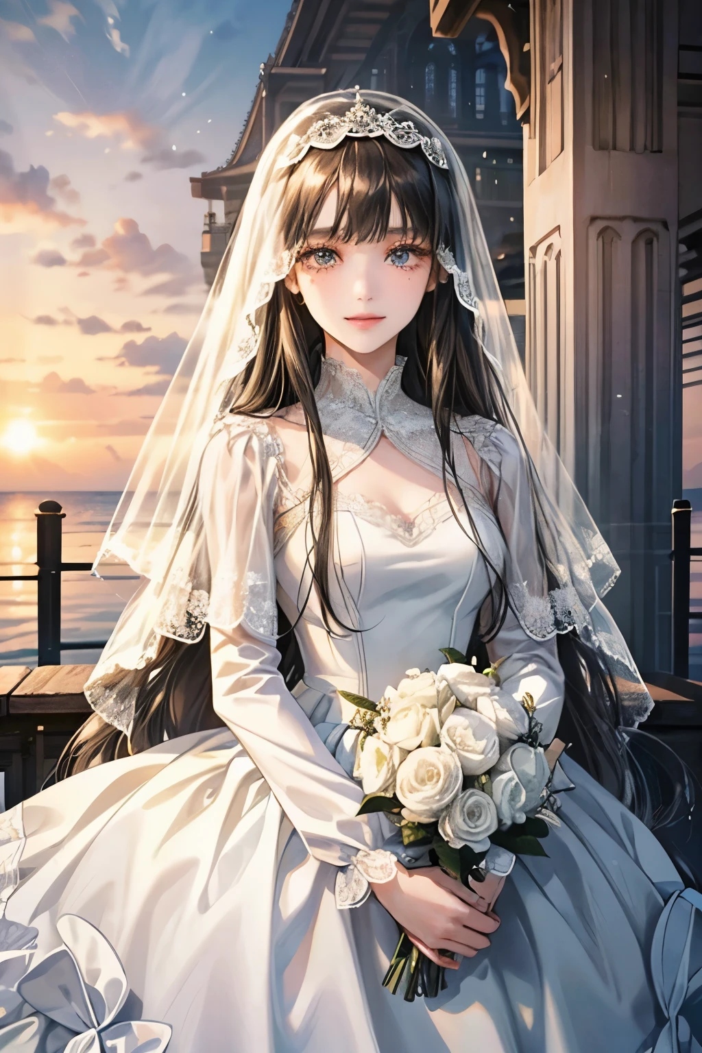 white、Ocean、droopy eyes、brown eyelids on face、smile、17 year old female、woman wearing a dress、long hair girl、((long hair girl))、Girl with bangs、detailed face、clean face、((best image quality))、mole、bride、white手袋、lace dress、veil、long sleeve