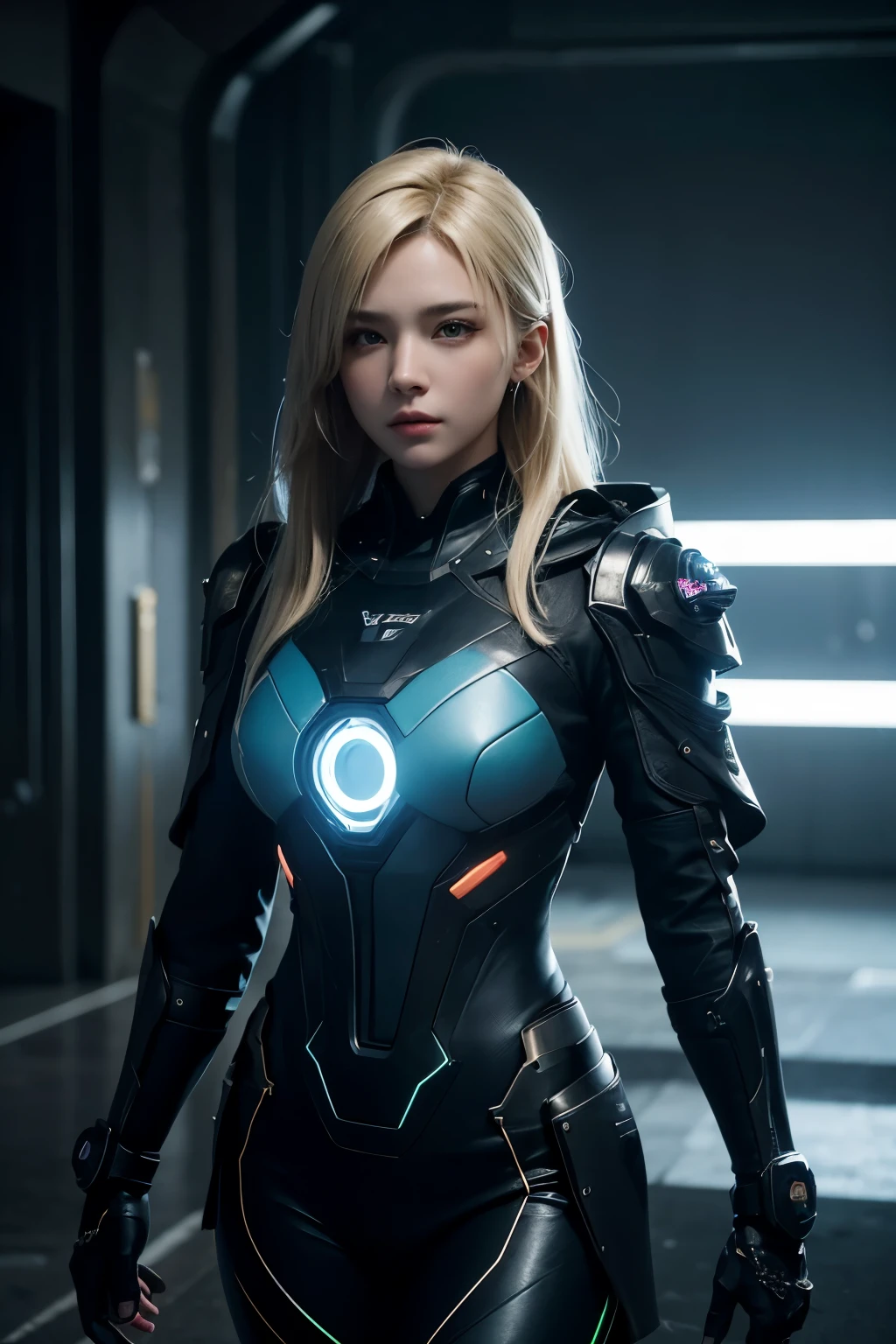 ((Best quality)), ((masterpiece)), (detailed:1.4), 3D, an image of a beautiful cyberpunk female with a cape, HDR (High Dynamic Range),Ray Tracing,NVIDIA RTX,Super-Resolution,Unreal 5,Subsurface scattering,PBR Texturing,Post-processing,Anisotropic Filtering,Depth-of-field,Maximum clarity and sharpness,Multi-layered textures,Albedo and Specular maps,Surface shading,Accurate simulation of light-material interaction, Blue Neon suit, blonde hair, Perfect proportions,Octane Render,Two-tone lighting,Wide aperture,Low ISO,White balance,Rule of thirds,8K RAW.