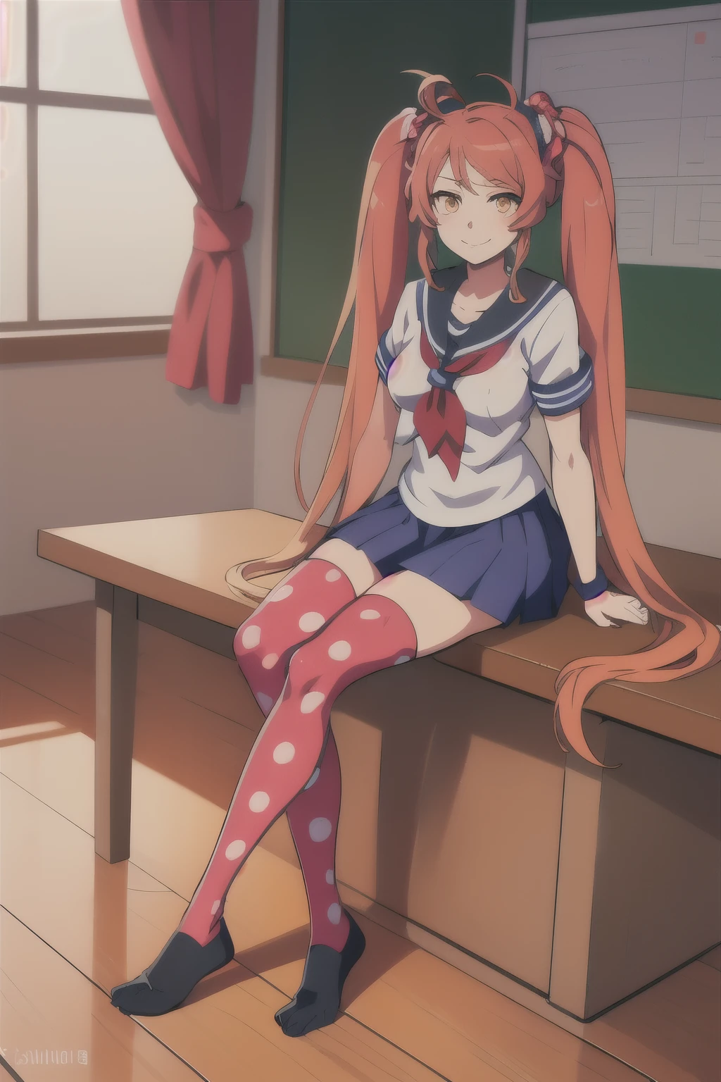 Anime, personagem, female, mulher ,simulador yandere, Palavras de gatilho, OsanaNajimi, twintails, serafuku, red scarf, saia azul, legging de bolinhas, blue skirt, polka dot legwear, indoors, sitting, classroom, waving at viewer, smile,
