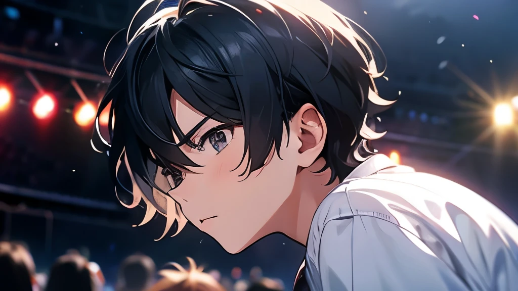 male、hair is black、hair cut short、Looks serious、Budokan、standing on stage at a live venue