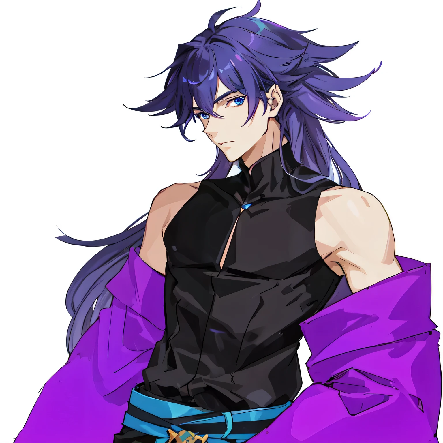 une image de dessin animé ;un homme aux cheveux longs et une veste violette, grand gars aux yeux bleus, personnage masculin, tribal anime boy with long hair, Humanoïde aux cheveux longs Fursona, mechant pose, Beau prince androgyne, déclencher le style artistique, personnage de style anime