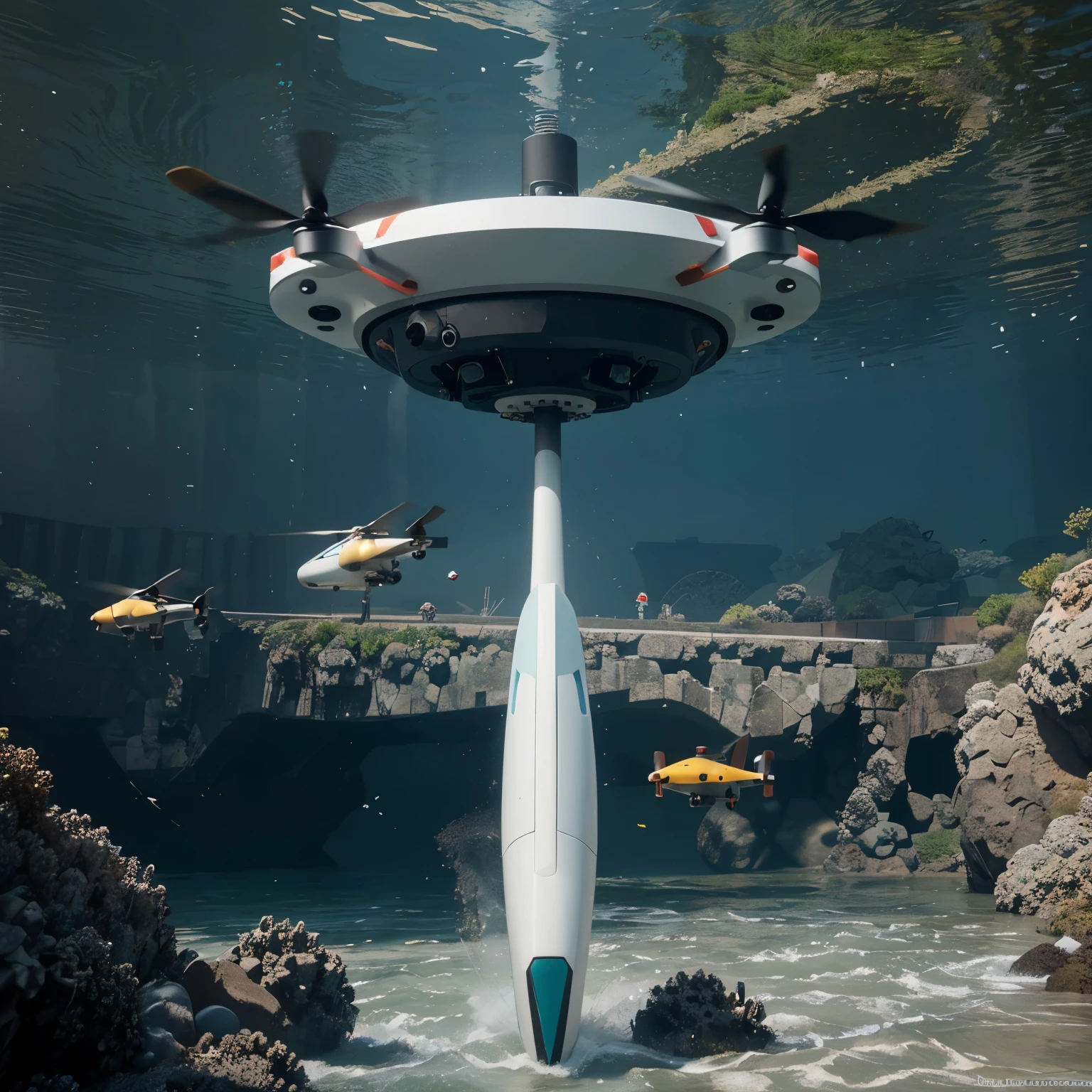 An aqua drone designed to clean the sea could have a sleek, efficient design with features such as a debris collection system, sensors to detect pollution, and propellers for movement. It could be equipped with a camera to help operators monitor its progress and make any necessary adjustments. The drone could navigate the water autonomously or be controlled remotely to target specific areas that need cleaning.