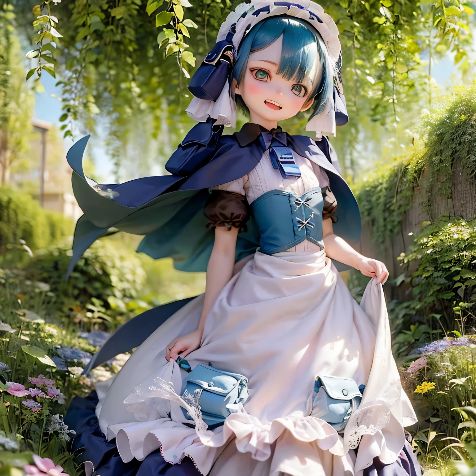 (best quality, highres, masterpiece:1.2),ultra-detailed,realistic:1.37,Maluluk from Made in Abyss,beautiful detailed eyes,beautiful detailed lips,extremely detailed eyes and face,longeyelashes,blue hair,curly hair,innocent expression,slightly smiling,white dress,standing among vibrant flowers in a lush garden,butterflies flying around,soft sunlight shining on her,emerald green grass,scattered petals on the ground,endless blue sky in the background,gentle breeze rustling her hair.