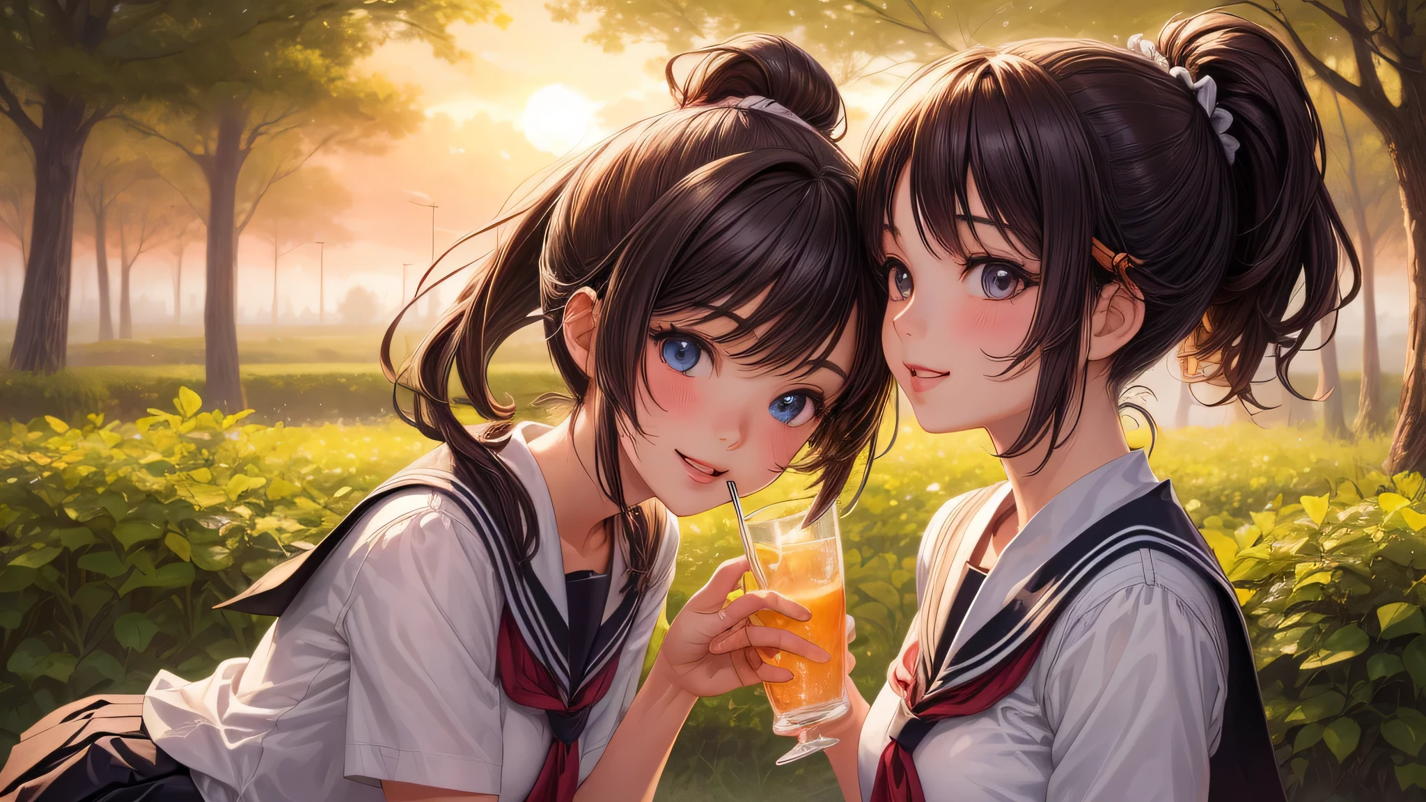 (2 girls:1.2), cute face, shining smile, (ponytail:1.2), (school uniform, mini skirt:1.2), (highest quality: 1.4), (Super detailed), (highest quality:1.4), (super detailed), (lush park), sunset, (anime illustration), very high resolution, (Upper body), close up face