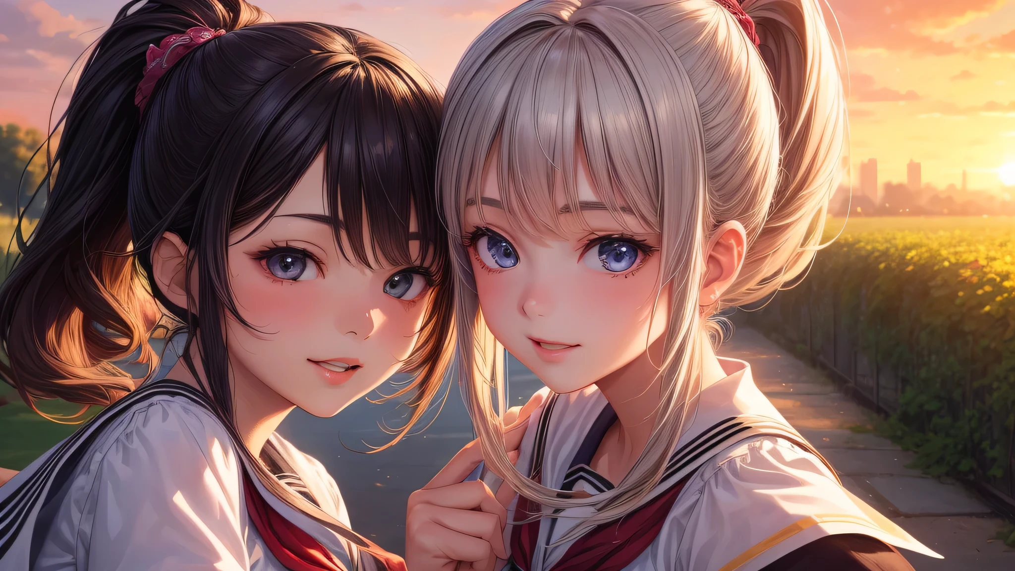 (2 girls:1.2), cute face, shining smile, (ponytail:1.2), (school uniform, mini skirt:1.2), (highest quality: 1.4), (Super detailed), (highest quality:1.4), (super detailed), (lush park), sunset, (anime illustration), very high resolution, (Upper body), close up face