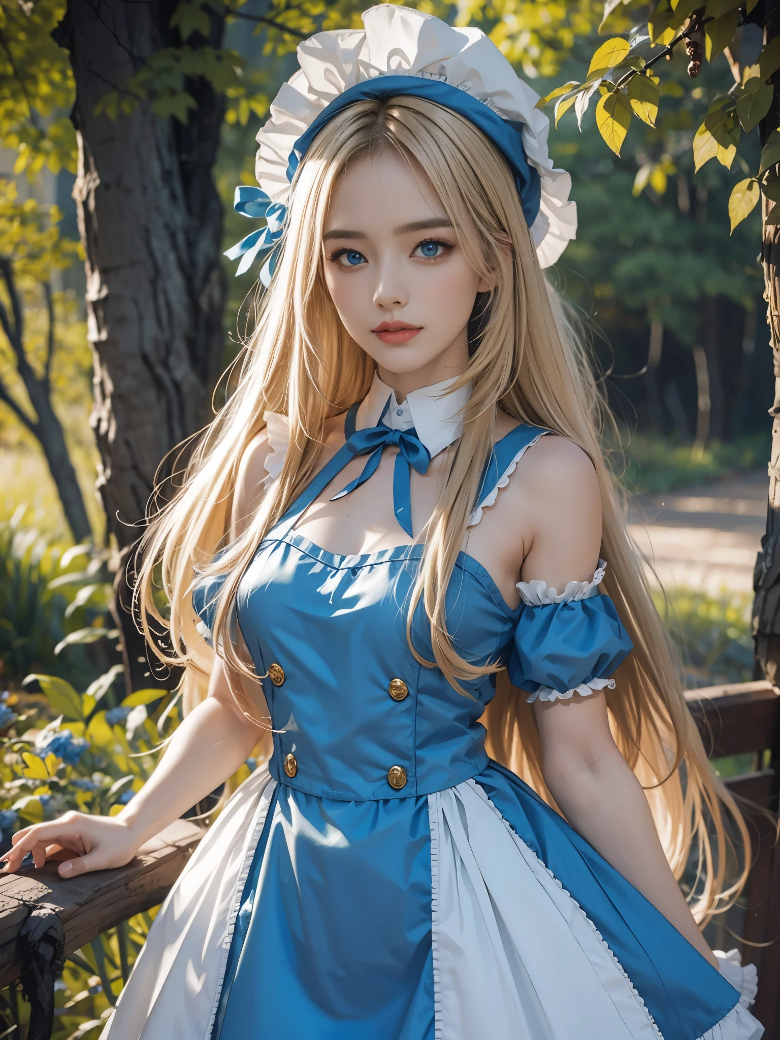 Portrait、alice in wonderland、blue sky、Bright and beautiful face、young shiny glossy white shiny skin、best looks、the most beautiful bright blonde hair in the world、thin hair、Super long straight hair、Shining beautiful bangs、Shining crystal clear big blue eyes、Very beautiful lovely 16 year old most beautiful girl in the world、white apron、blue clothes、big and full breasts