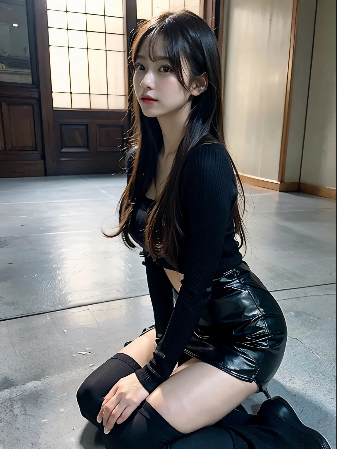 ((Crossing your legs:1.5)),Ultra-high resolution、(((Very heavy,Voluminous bangs:1.1))), ((Raised ponytail))，Straight bangs hairstyle, Round face with blunt bangs, length, Glossless hair、Bangs cut straight,(masterpiece, Highest quality:1.5), (Ultra-fine 8K CG:1.4), (hyperRealistic:1.25), (PhotoRealistic:1.25), (Realistic:1.4), Cowboy Shot, (Smile 1.3), Beautiful Japan, Supermodel, Japanese Idols, Big Breasts, Accentuate your cleavage:1.5、Black Hair:1.2、Full body image、((Real person:1.5))、(Fishnet tights:1.2)、((From below:1.5)), Earrings、Big Breasts,((Lace-up long boots 2.0)), (Long legs), Beautiful feet, (From belowのアングル),  A light smile, Naughty look, Full Body Shot, sheath dress,Show your back,(Panty shot)、expression of ecstasy,、((Protruding nipples))、((Saggy big breasts))、((Gal Makeup))、Bun Hair、(透けて体に張り付いている服)、(Bracelet)、Ecstasy、(Very saggy bust)、Twin tails、(Two bun hairstyle).Red and silver gradient hair、(Pull up your skirt)、スカートリフト、斜め下からのカメラアングル、((編み上げ　サイハイブーツ))