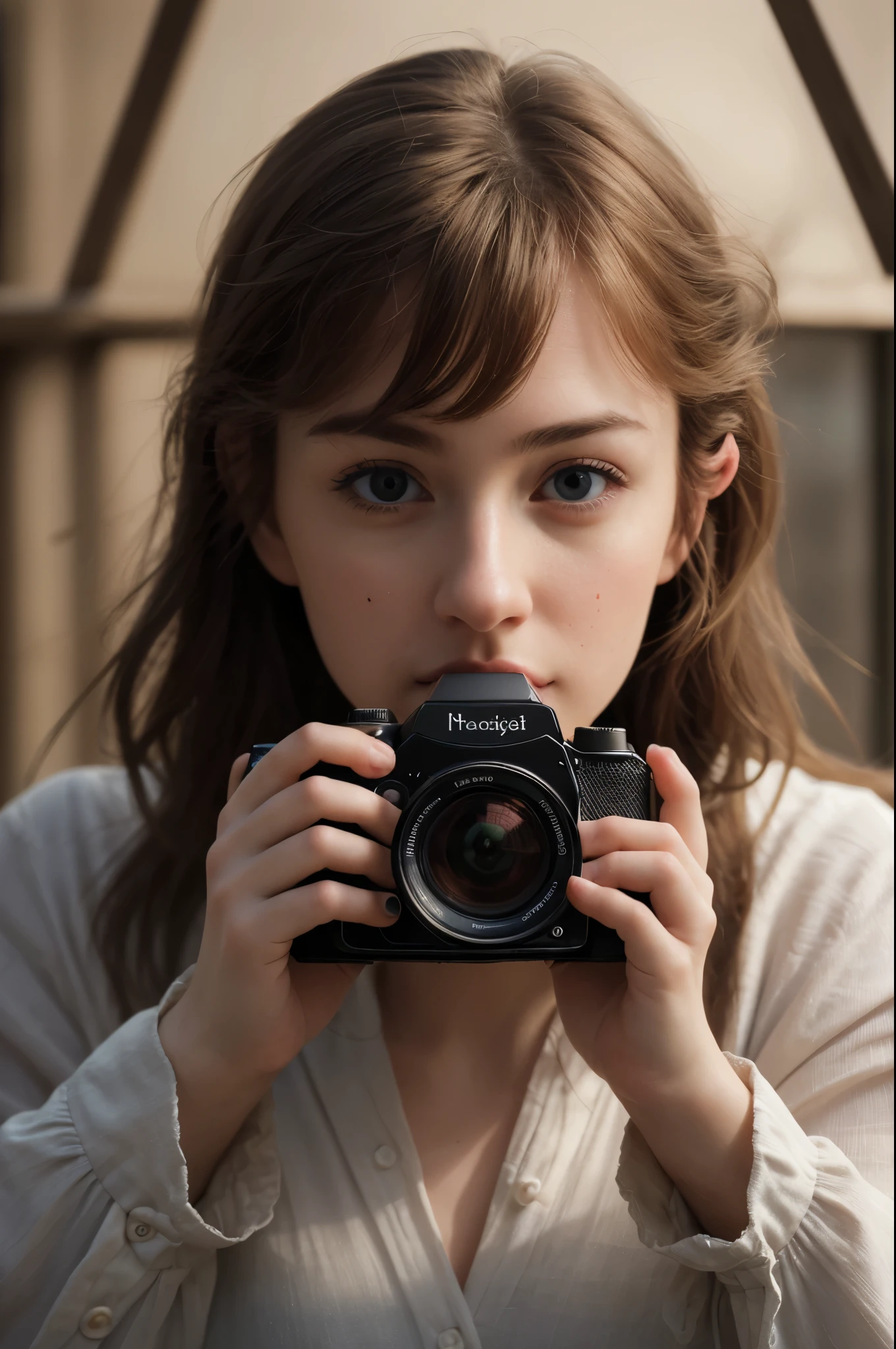masterpiece, best quality, extremely detailed, hyperrealistic, photorealistic, a beautiful photographer, holding a camera with both hands:1.1, peering through that camera viewfinder:1.1, taking a photo
