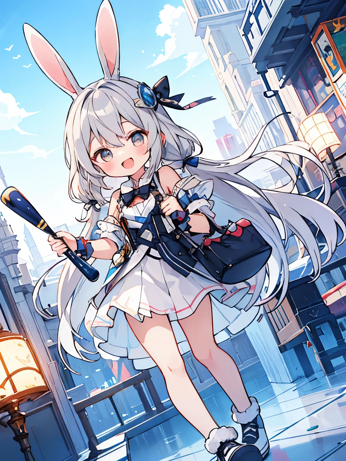 cute, gray hair, baseball, fantasy wonderland, 1 girl, Stinking eyes, Rabbit, dynamic angle, game CG