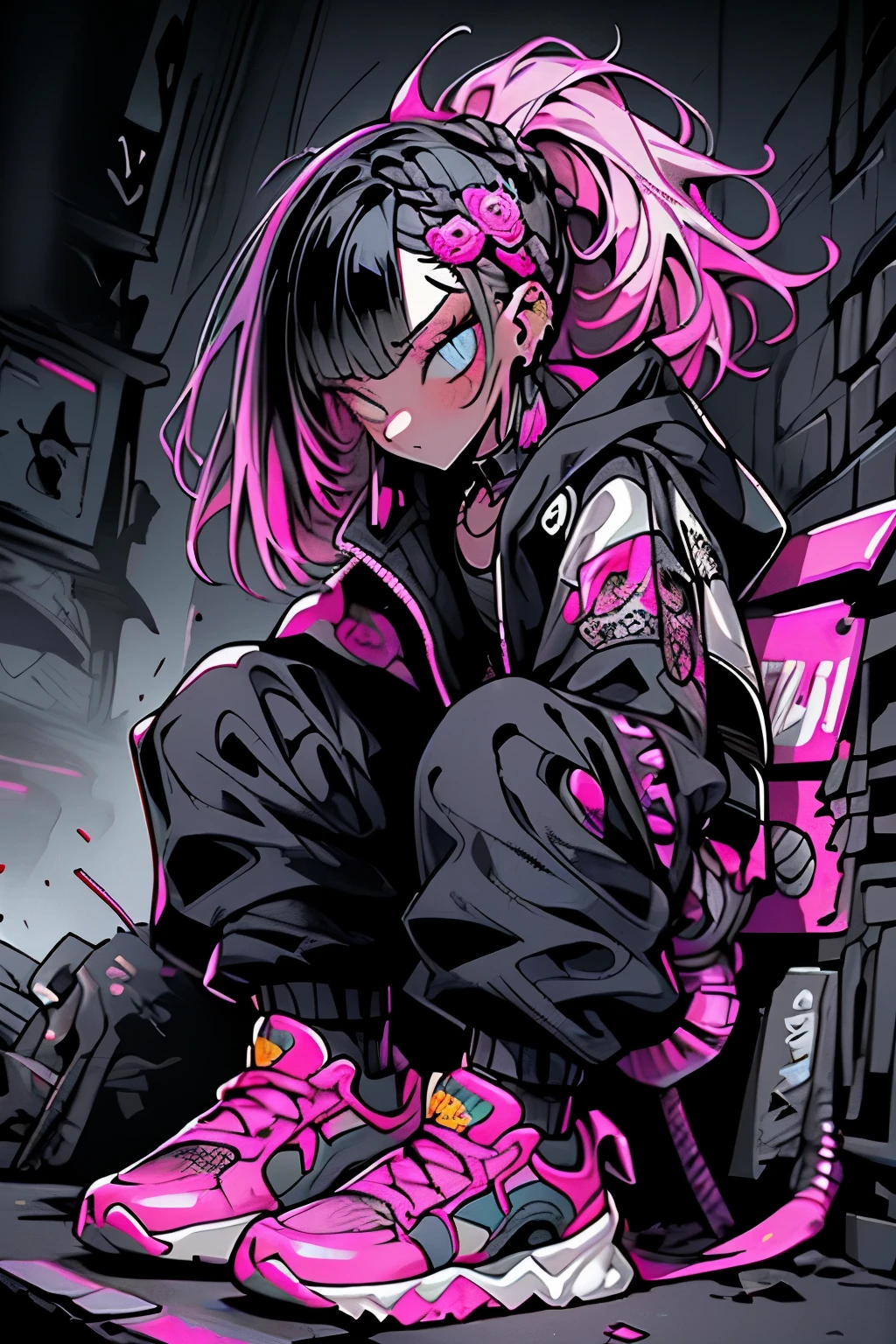 Step Piece, Best Quality, Best Illustration, Ultra-detailed,girl, pinkrose long hair, crazy baddie girl, Cool Black Open Short Jacket, neck tattoo, Messy Fade Cut Hair, Side braided hair,Crazy, standing with an eerie feeling, abandond street graffiti wall background,knee high socks, quirky sneakers, Eyeshadow on the eyes,unusual colored eyes, Eyes of fear, Vivid eyes, cool shot