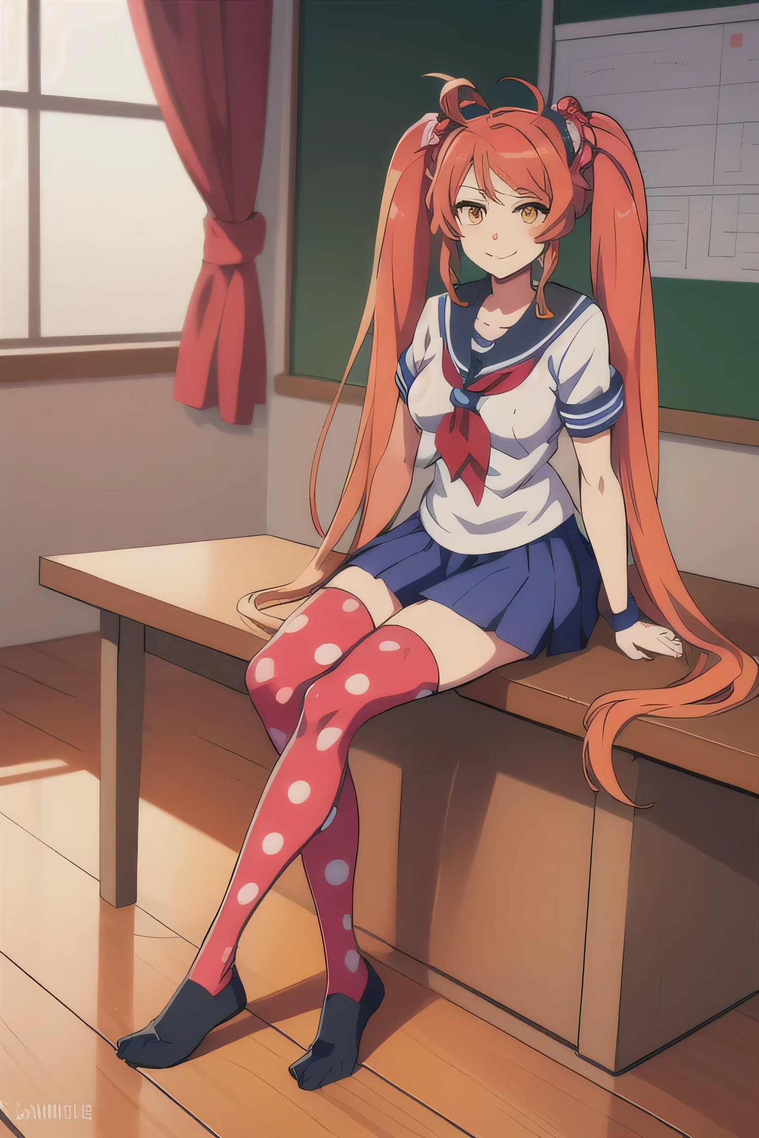 Anime, personagem, female, mulher ,simulador yandere, Palavras de gatilho, OsanaNajimi, twintails, serafuku, red scarf, saia azul, legging de bolinhas, blue skirt, polka dot legwear, indoors, sitting, classroom, waving at viewer, smile,
