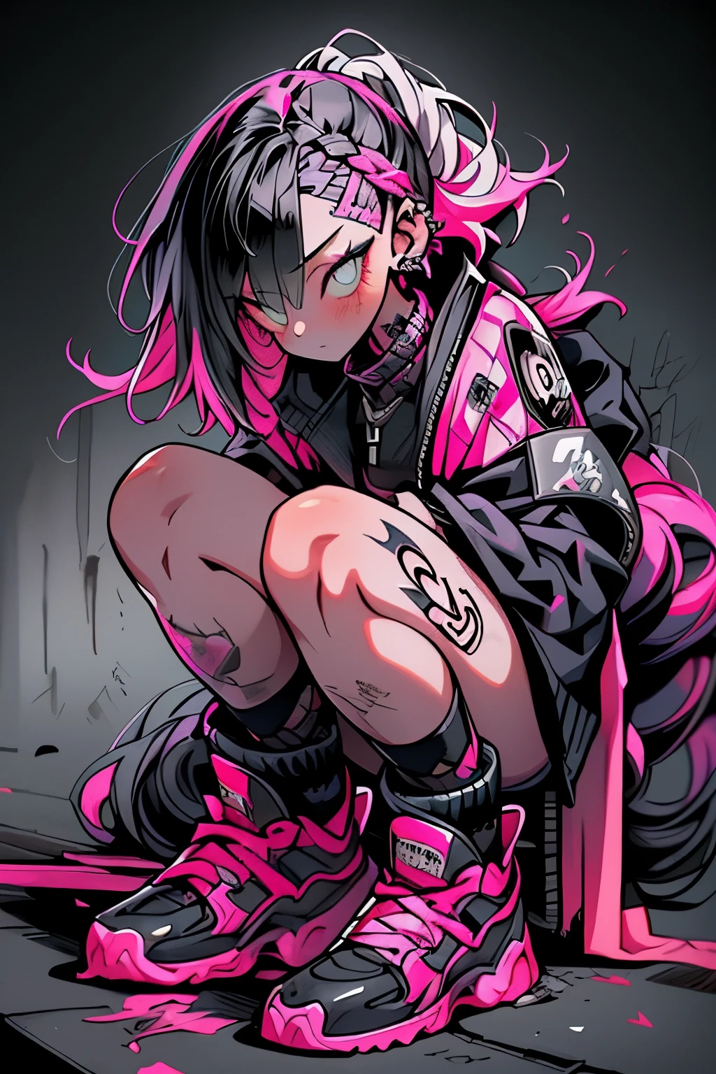 Step Piece, Best Quality, Best Illustration, Ultra-detailed,girl, pinkrose long hair, crazy baddie girl, Cool Black Open Short Jacket, neck tattoo, Messy Fade Cut Hair, Side braided hair,Crazy, standing with an eerie feeling, abandond street graffiti wall background,knee high socks, quirky sneakers, Eyeshadow on the eyes,unusual colored eyes, Eyes of fear, Vivid eyes, cool shot