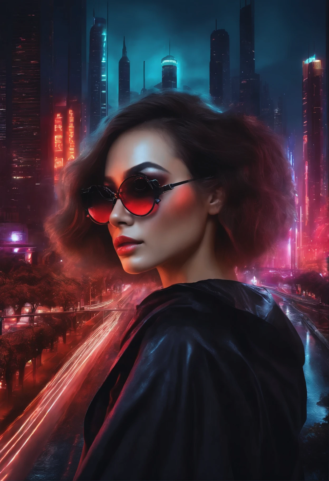 Change background cyberpunk beauty, realistic face, 8k, Surreal art painting, Geometric material, The art of math, Translucent glasses, Eyeliner and smoky eye, Hair straight and textured, mysterious black cloak, Red neon light illuminates face, In the background are high-rise buildings and roads leading to the future city, Brightly colored fluorescent lights illuminate the entire scene, Cool electronic music comes from afar, Detail-rich digital pattern rendering, Buildings with sharp and symmetrical lines.