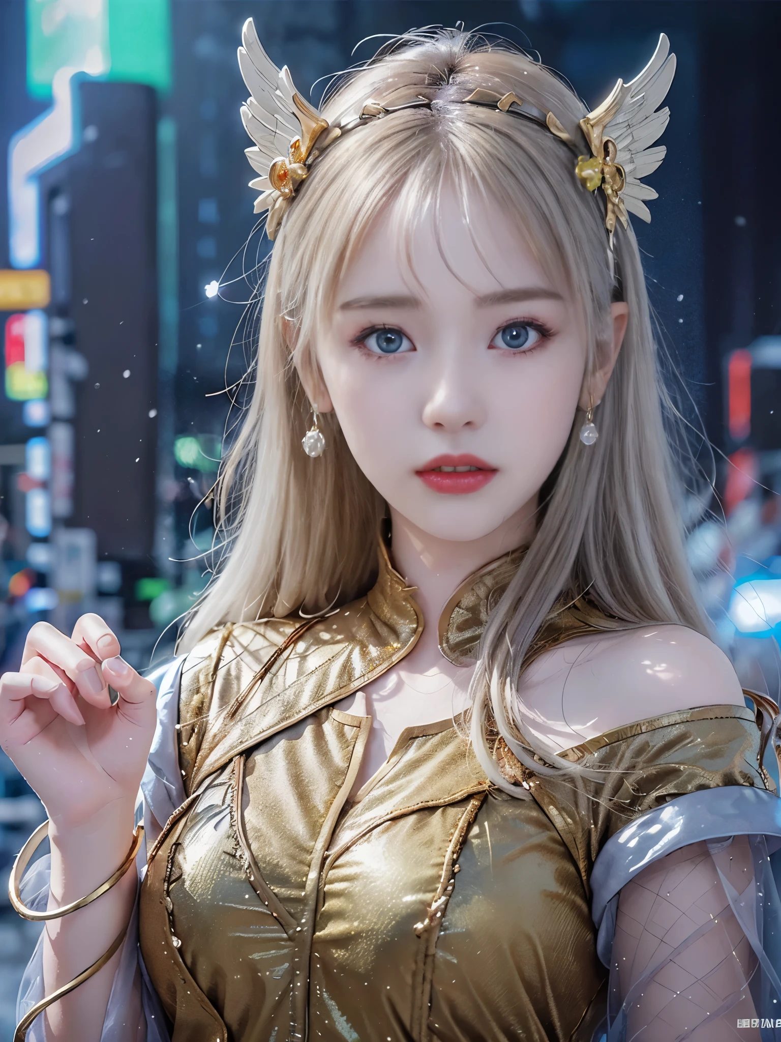highest quality、masterpiece、超A high resolution、(Photoreal:1.4)、RAW photo、Detailed CG image quality、cyberpunk、beautiful feces、1 girl、(silver hair), (gold hair ornament:1.4)、(Snow White Angel Costume:1.4)、cleavage、(Pure White Syntex Suit)、(sky blue eyes:1.2), (shining eyes), (Fierce thunder emitted from fingers:1.4). detailed portrait、8K quality、bright colors、concept art、cinematic and dramatic atmosphere、sharp focus、volume lighting、movie lighting、Acquire studio quality、(colorful neon lighting)、Depth of the bounds written、environmental lighting、blurred foreground、blurred background:1.3、(blue sky:1.4),
