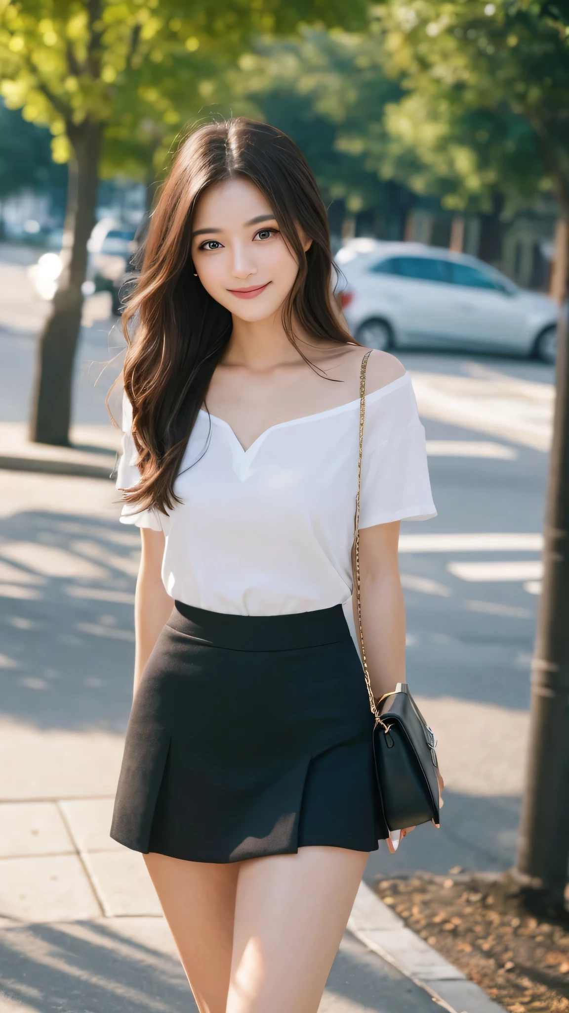 RAW photo, best image quality, 8k, genuine, genuine, super fine, super fineビューティー, professional writing, facial writing, written boundary depth, single focus, whole body, 25 year old female, small head, beautiful eyes, genuineな顔, genuineな肌, narrow eyes, (Fashionable hair:1. 3), Beautiful woman, cute face, fashionable girl, camisole&mini skirt, Campaign Girl、walk in the park、smile、beautiful feet、thighs、