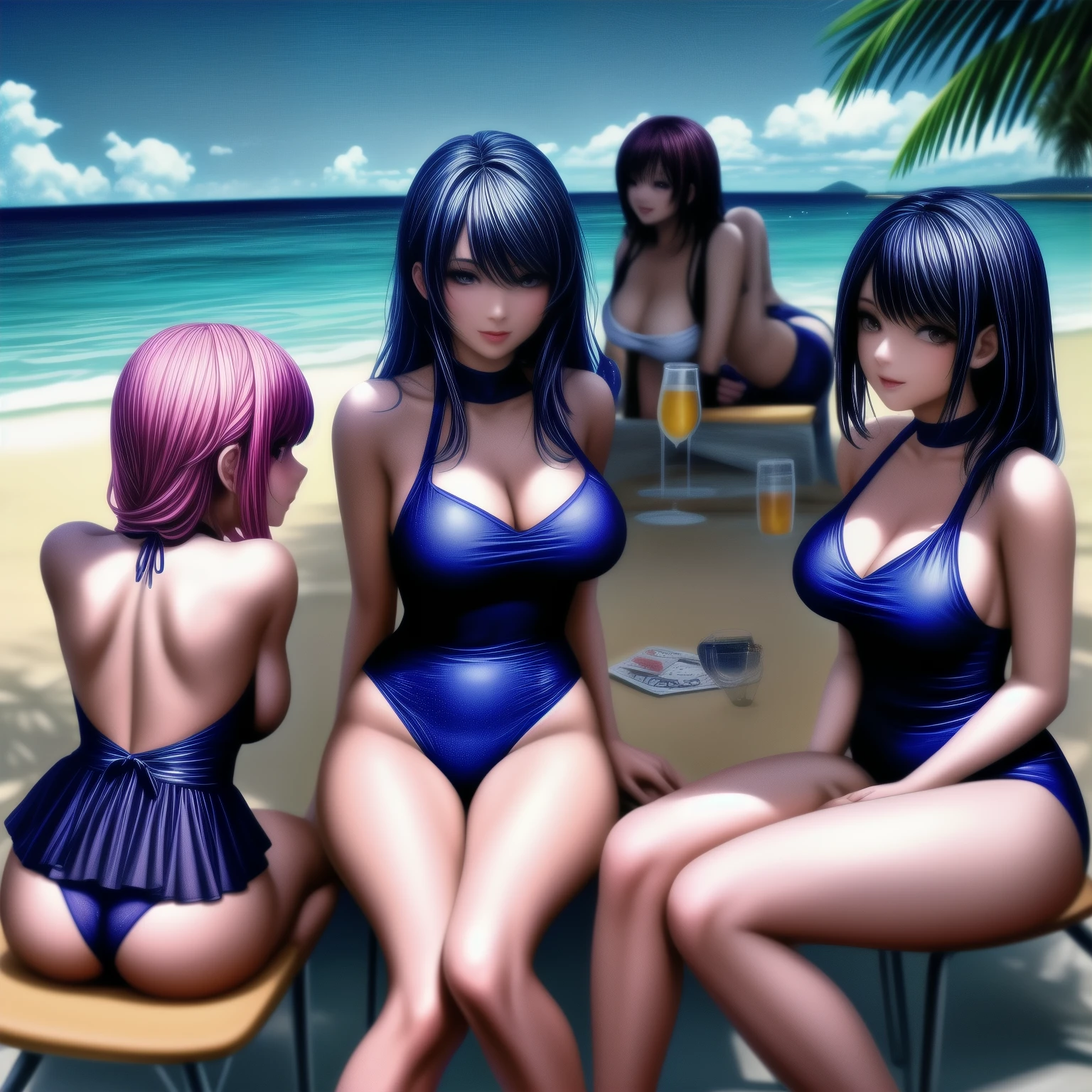 Five beautiful women wearing swim wears are sitting on chairs by the seaside, enjoying a beach party. On the table are delicious-looking food, bottles of beer, colorful cocktails, and sparkling wine. beautiful sky, daylight