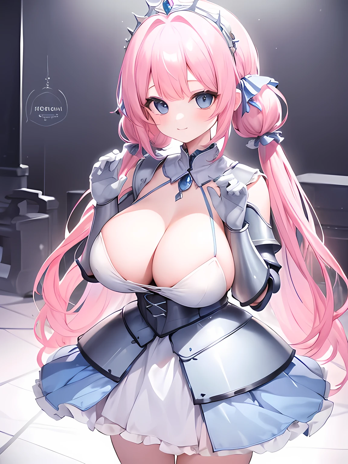 masterpiece,highest quality,(Super detailed),Depth of written boundary,perfect sentence, Detailed CG,Super detailed,(highly detailed eyes,very cute face,highly detailed face:1.3),beautiful anime girl,(solo girl:1.9),(super huge breasts:1.9),(pink hair,low twin tails:1.5),(light blue eyes:1.3),(smile full of joy:1.3),open your mouth,show viewer,break,(Princess Knight,dress armor,full armor:1.5),white ruffle dress,luxurious gauntlet,Advanced armor,shoulder armor,small tiara,Gemstone Brooch,break,medieval background,grassland,sunrise,(spread your hands,cowboy shot :1.5)