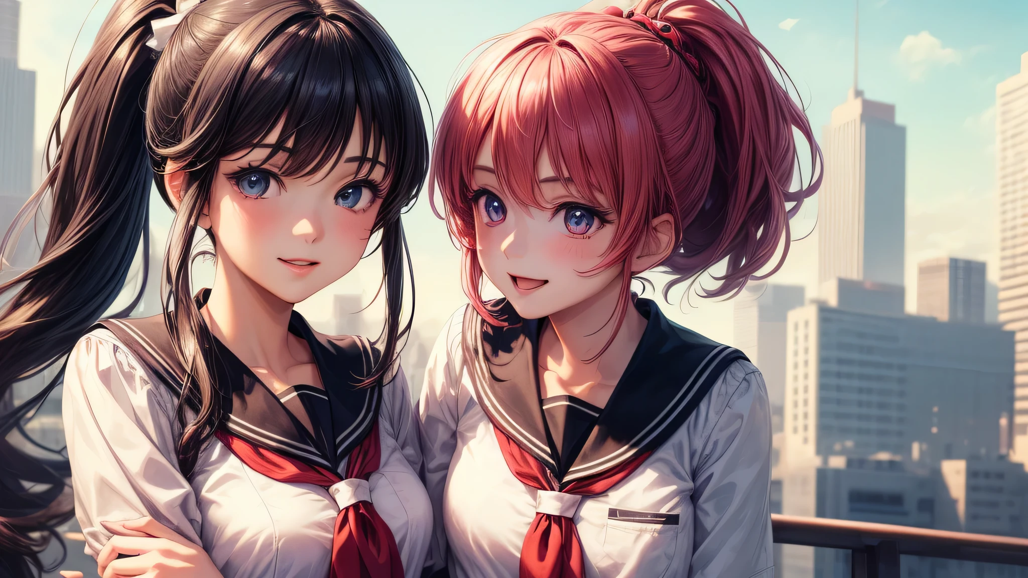 (2 girls:1.2), cute face, shining smile, (ponytail:1.2), (school uniform, mini skirt:1.2), (highest quality: 1.4), (Super detailed), (highest quality:1.4), (super detailed), (anime illustration), very high resolution, (Upper body), close up face, city, road, building