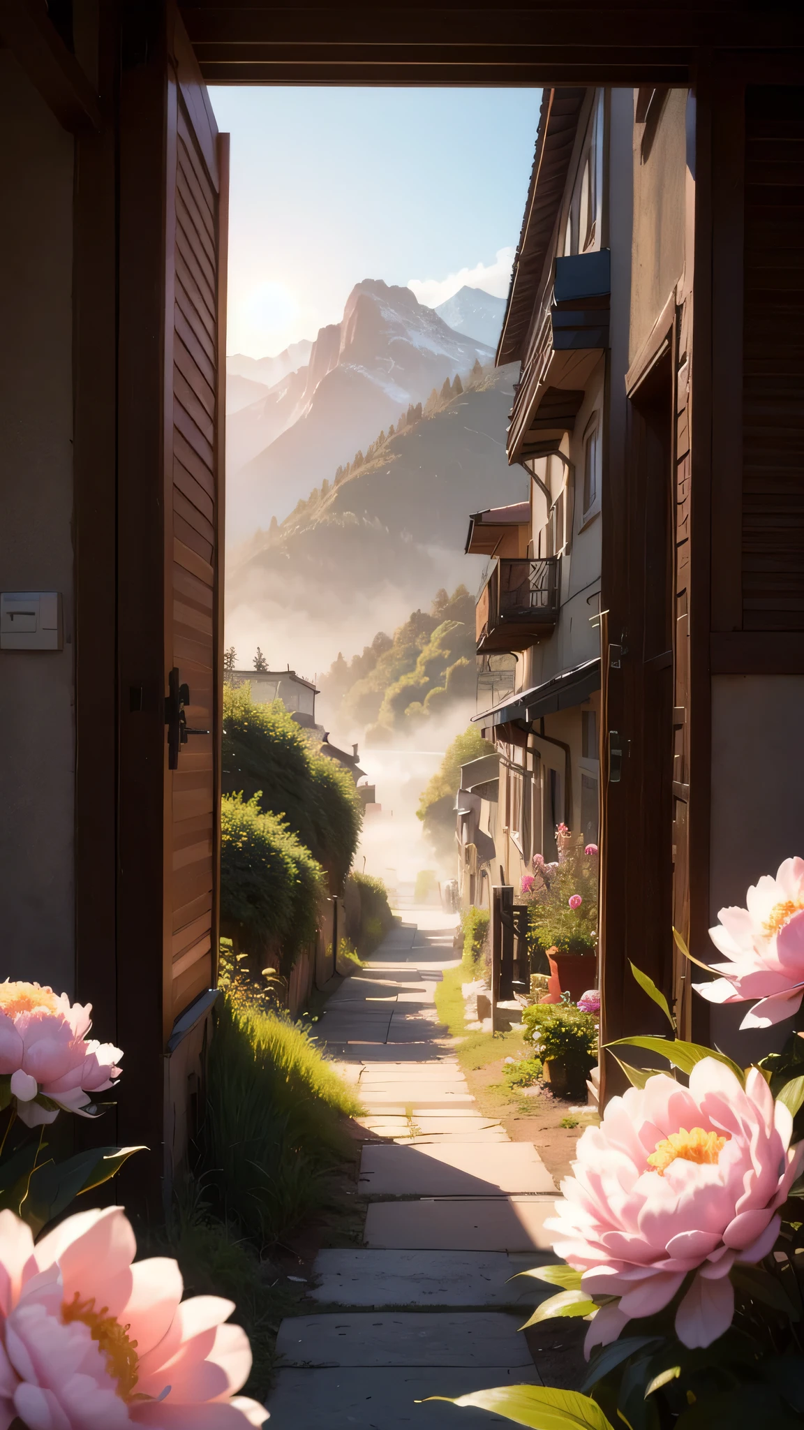 autumn,sunrise,Mucun, surrounded by mountains and rivers, (Peony flowers in the foreground), Sunlight, lens flare,stunning work of art,actual, realism, HD, 35mm photo, 8k, Dusty atmospheric haze, (natural color, correct white balance, Color proofing, defogging,Clear), actual, detailed, balanced, author:Trey Ratcliffe, Klaus Hermann, Sergey Ramelli, Jimmy McIntyre, Elia Locardi,actual,