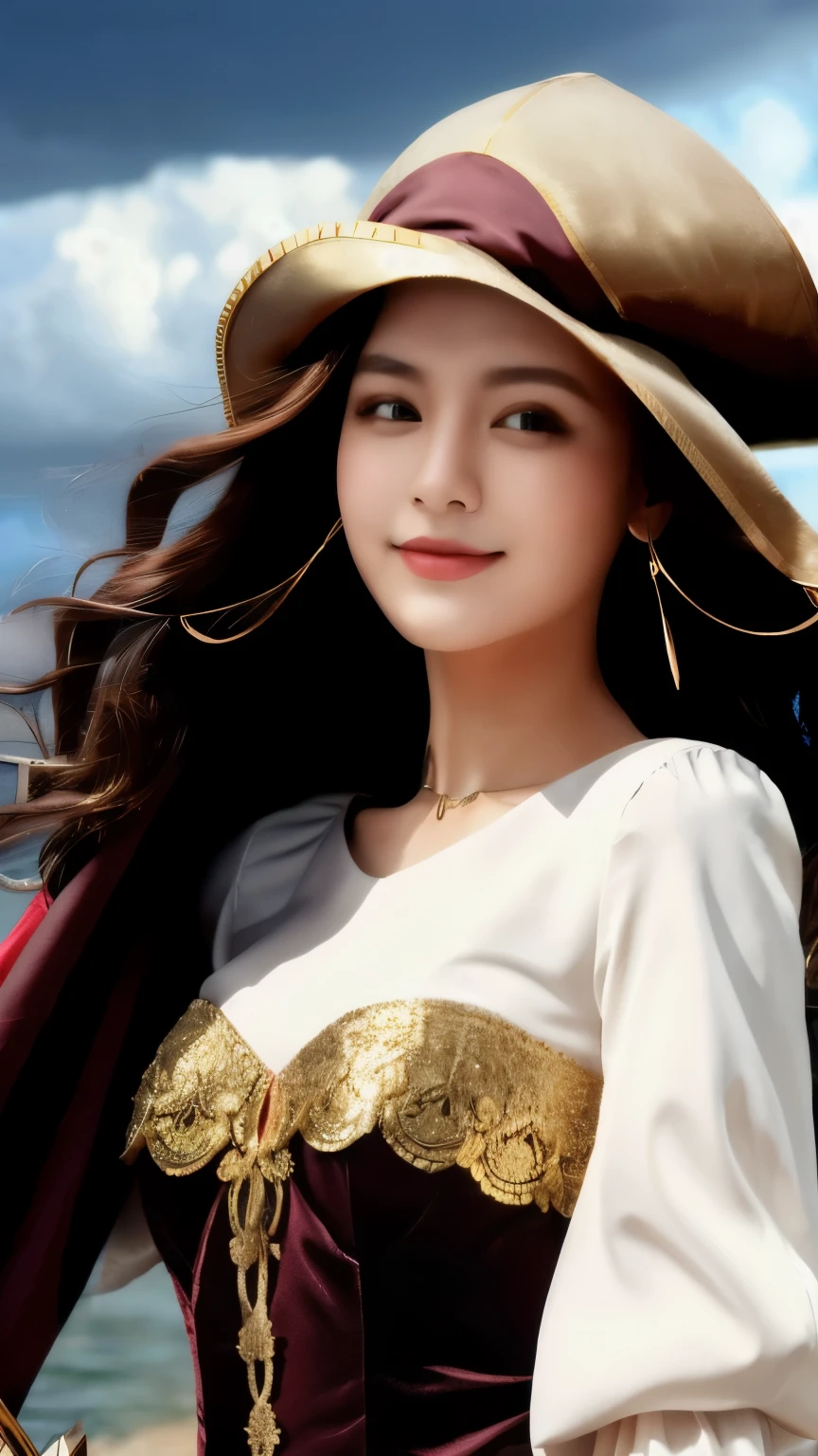 highly detailed clothings, crimson clothing, gold clothing, silky black clothing, pirate costume, puffy sleeves, long sleeves