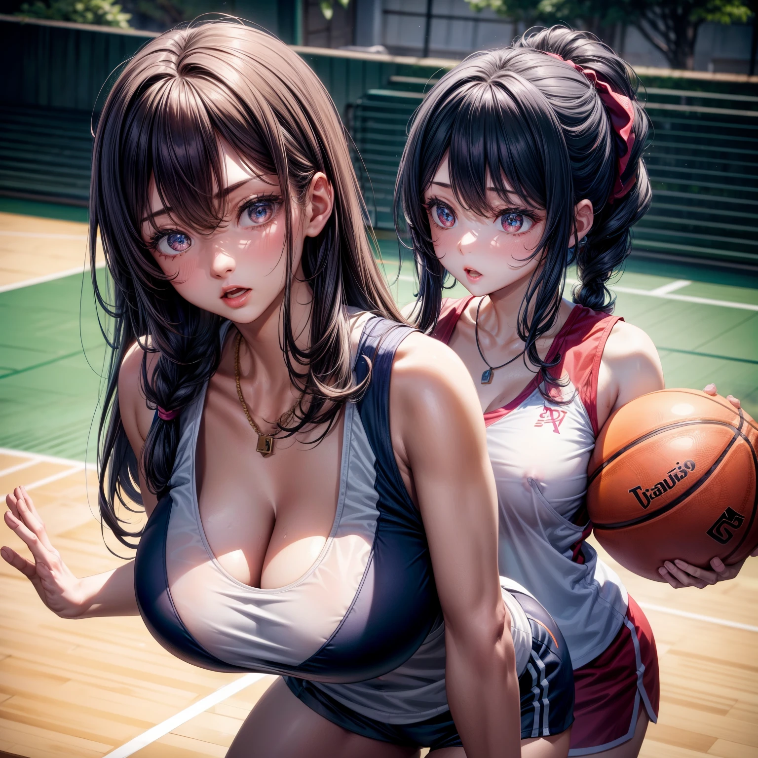 (8k ,Super detailed,Best masterpiece,nature,perfect work of art,perfect female figure),two women,sister and younger sister, sisters,rainbow hair,perfect face,(huge ),neighbor wife,woman hairstyle,elegant wife,Sophisticated and revealing ,20 years old,White skin,messy hair,perfect sexy body,Tone,flirtatious,very big ,Willow Yao,see through breasts,nipple,basketball player,Wearing ultra-short and sexy basketball sportswear,open chest,T-shaped small,Melted clothes,on the basketball court,Clap the basketball,Detail background,necklace,perfect eyes,,T-shaped small size,huge big