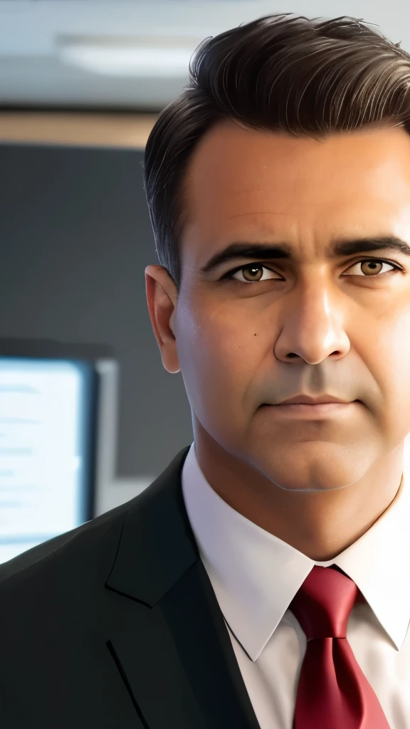 dpack, dashing studio quality image, single man, 40 years(best quality,4k,8k,highres,masterpiece:1.2),ultra-detailed,(realistic,photorealistic,photo-realistic:1.37),professional,vivid colors,bokeh,portraits,realistic lighting,studio lighting,HDR,UHD Person one: - Beautiful detailed brown eyes - Sharp and defined facial features - Serious expression on the face - FBI agent badge on the waist - Wearing a tailored black suit with a crisp white shirt and a tie - Holding a gun in a professional and confident manner - Standing in a powerful pose, showcasing authority - Background: An urban cityscape at night, with tall buildings and city lights Person two: - Gorgeous hazel eyes with a hint of mystery - Soft and gentle facial features - Calm and focused expression on the face - FBI profiler badge on the waist - Wearing a professional outfit dress - Carrying a notepad and a pen, ready to take down notes - Standing with a relaxed posture, observing the surroundings - Background: A dimly lit office with stacks of files and a whiteboard filled with clues and evidence Color tone: - A mix of cool and warm tones to create a contrast between the seriousness of the FBI agents and the mysterious atmosphere Lighting: - Soft and natural lighting, emphasizing the facial details and expressions of the characters - Slight shadows to add depth and realism to the scene Note: Please remember to include (best quality,4k,8k,highres,masterpiece:1.2),ultra-detailed,(realistic,photorealistic,photo-realistic:1.37) and other necessary tags to ensure high-quality and realistic results.and a picture in a ??? office