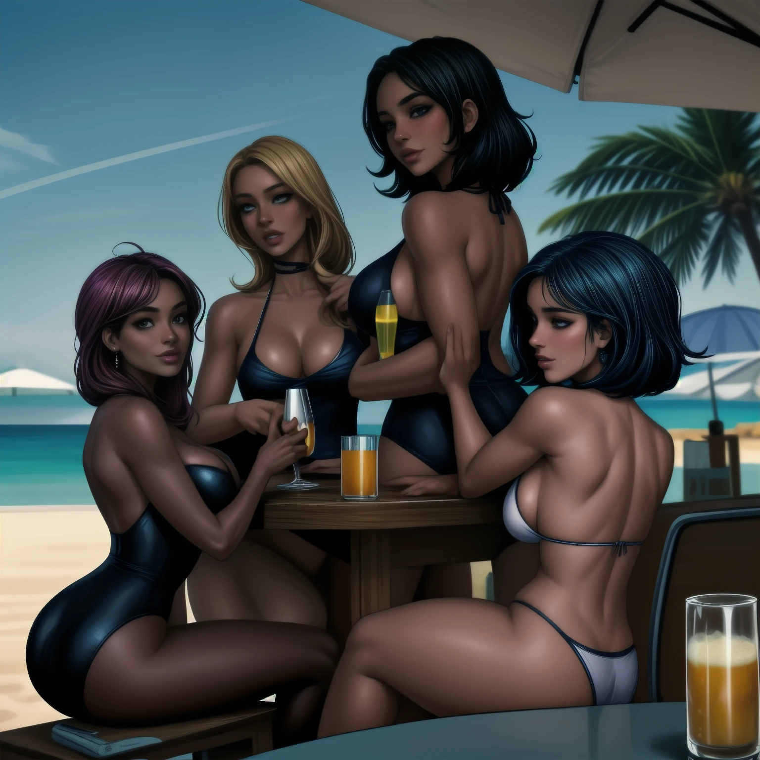 Five beautiful women wearing swim wears are sitting on chairs by the seaside, enjoying a beach . On the table are delicious-looking food, bottles of beer, colorful cockt, and sparkling wine. beautiful sky, daylight