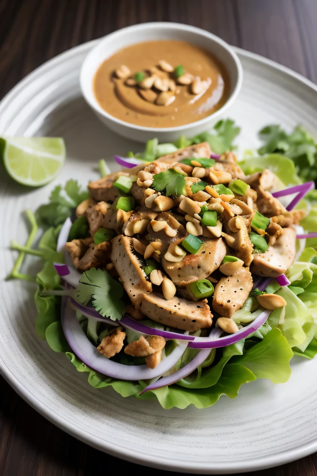 a close up of a plate of food with a bowl of sauce, prettt, added detail, salad, lit from the side, an intricate, healthy, luscious with sesame seeds, outstanding detail, highly stylized, extremely intricate, also very detailed, high quality food photography, yummy, by Caroline Mytinger, side view intricate details, by Jeanna bauck