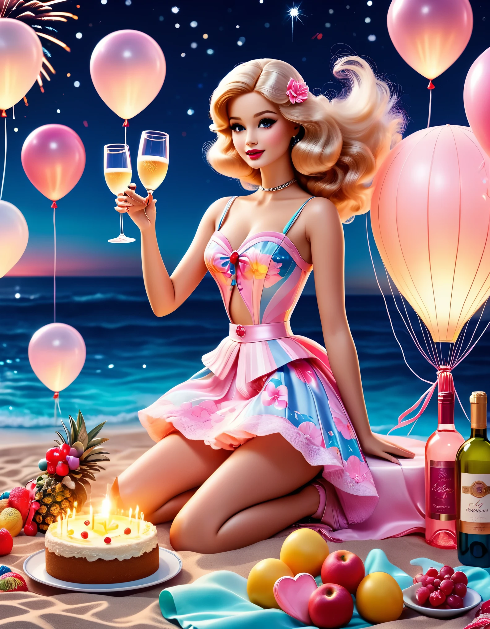 Vintage photography style, art deco style，best quality,8k,high resolution,super detailed，super clear，,creative style artwork,classical，3D rendering of Retro fashion, beautiful Barbie dolls are having a beach , Barbie dolls dressed in all kinds of beautiful clothes, happy atmosphere, cake, candle, balloon, champagne, night, wine glass, fireworks, fruit, Pixar, pink main color, night,,a beautiful painting by Alphonse Mucha,pixar style,cartoon style,Masterpiece,Pastel Art,Magic Realism,Dreamlike,Wonderland, Ethereal, Retro,Anime,Cartoon,Kawaii,depth of field (dof),long shot,dramatic lighting,