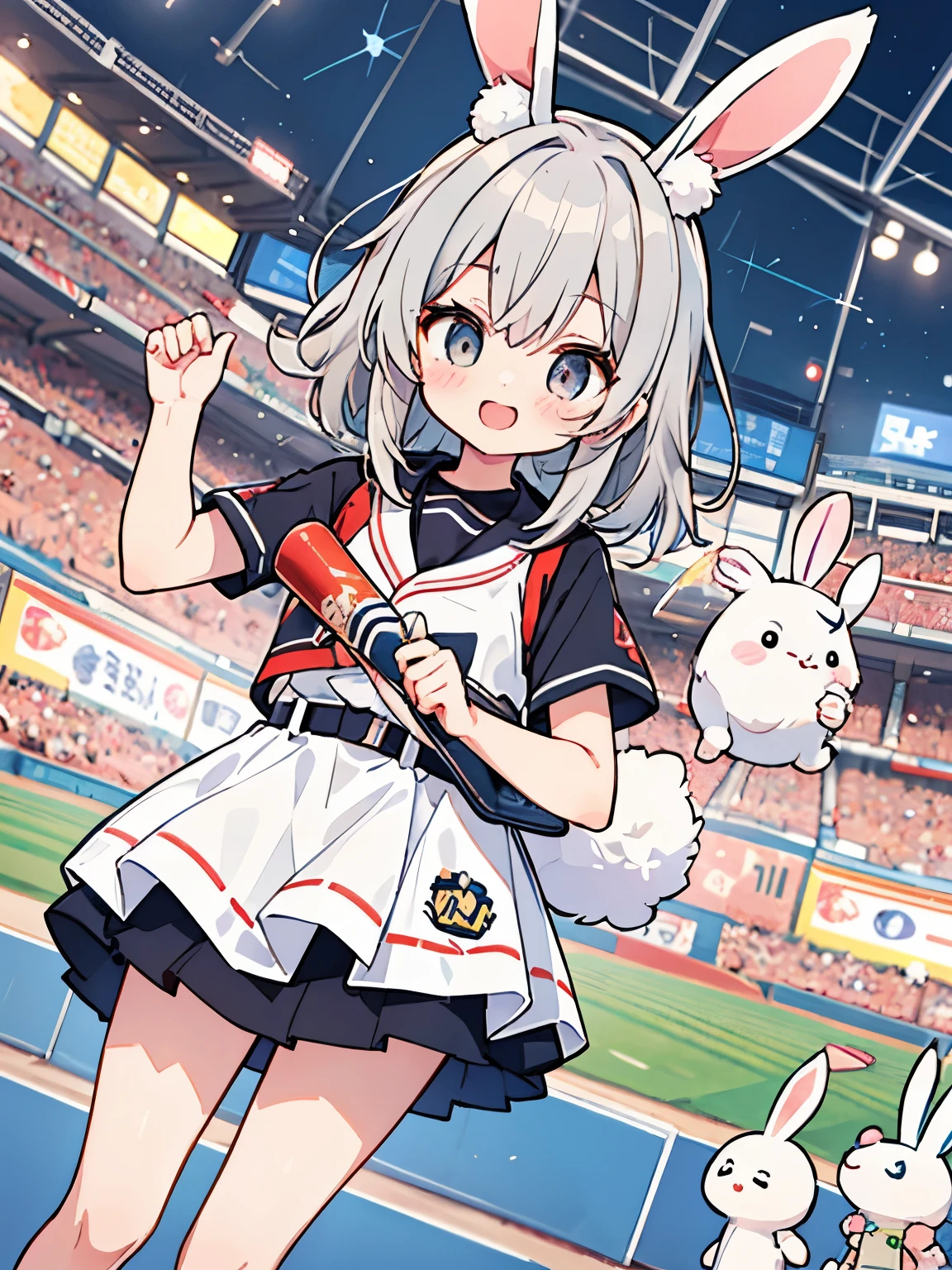 cute, gray hair, baseball, Fukuoka Softbank Hawks, fantasy wonderland, 1 girl, Stinking eyes, Rabbit, dynamic angle, game CG