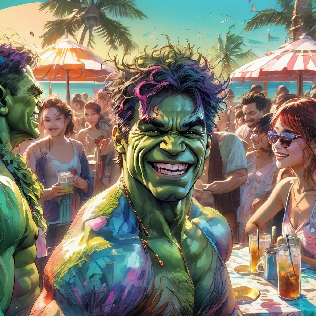 beach parties, aesthetic, extremely detailed, "The Hulk" smiling, in parties mode at a beach barbecue. In swim trunks, with a drink. Adoring -goers around. All laughing Warmth and love. Digital watercolor illustration, beautiful colourful and realistic, fantasyscape, by Waterhouse, Carne Griffiths, Minjae Lee, Ana Paula Hoppe, Stylized watercolor art, Intricate, Complex contrast, HDR, Sharp, soft Cinematic Volumetric lighting, deep vibrant lush luminous colours, wide long shot, perfect, (best quality, 4k, 8k, highres, masterpiece:1.2), ultra-detailed, (realistic, photorealistic, photo-realistic:1.37), HDR, UHD, studio lighting, extreme detail description, professional, vivid colors, bokeh, beach, portraits, landscape