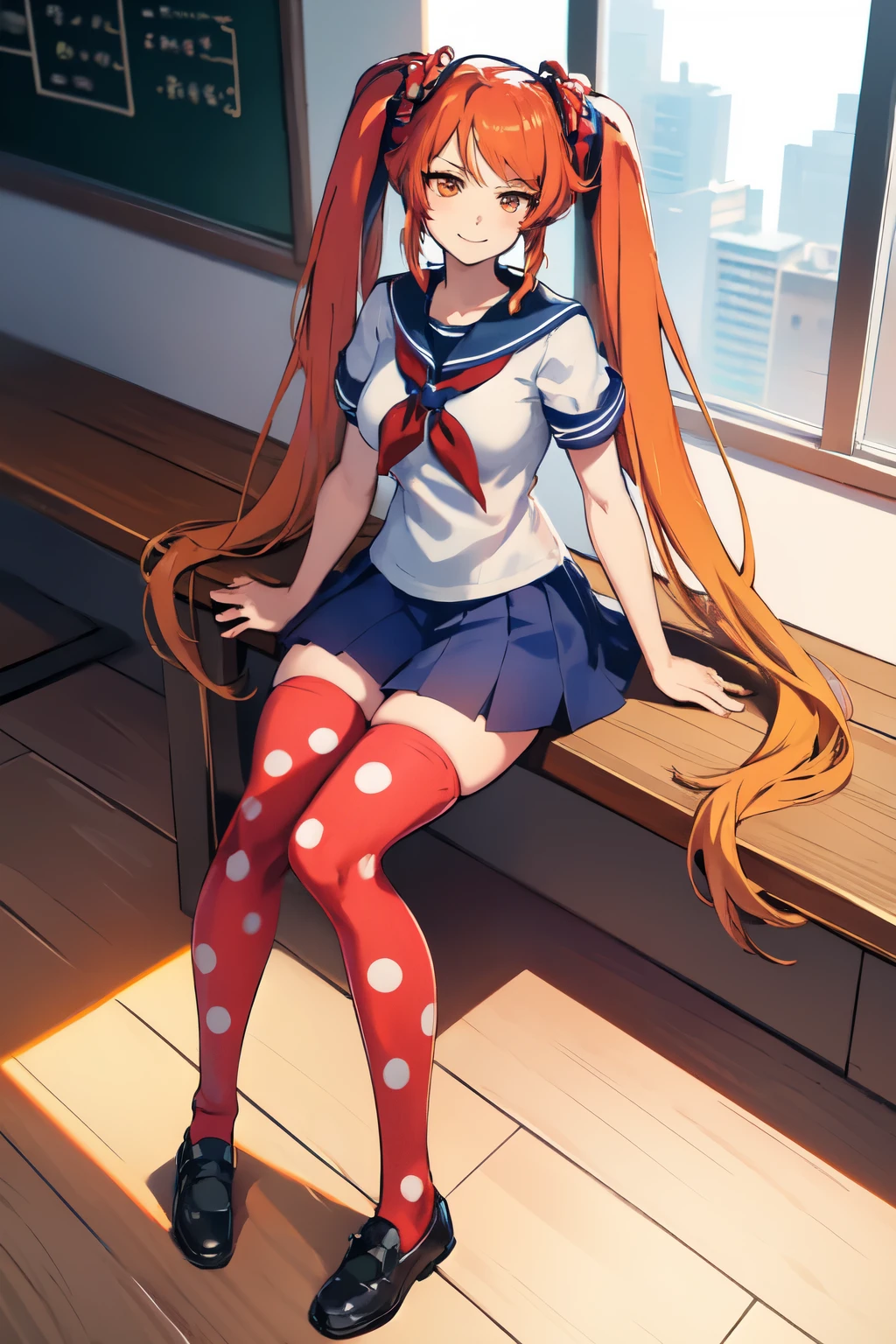 Anime, personagem, female, mulher ,simulador yandere, Palavras de gatilho, OsanaNajimi, twintails, serafuku, red scarf, saia azul, legging de bolinhas, blue skirt, polka dot legwear, indoors, sitting, classroom, waving at viewer, smile,
