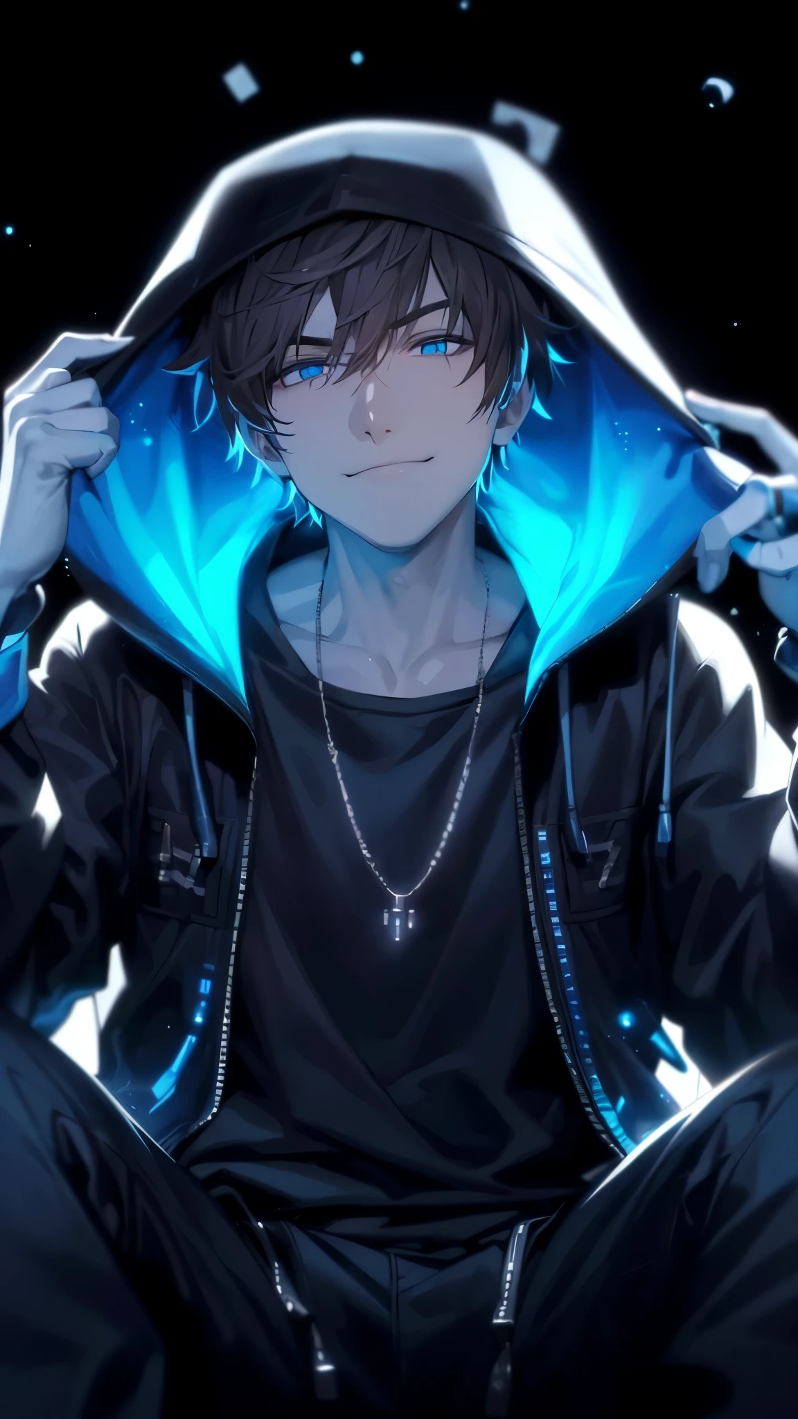 a handsome guy、serious expression、please close your mouth、He is wearing a black hoodie and has his hood up.、cool look、blue neon light、Highly Detailed CG Unity 8K Wallpaper, (super masterpiece, beautiful person, well detailed face polluted smile, It&#39;s photorealistic, hyper realistic)