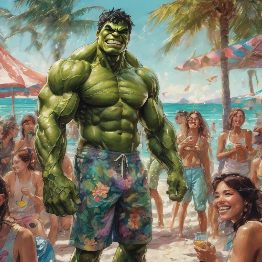 beach parties, aesthetic, extremely detailed, "The Hulk" smiling, in parties mode at a beach barbecue. In swim trunks, with a drink. Adoring -goers around. All laughing Warmth and love. Digital watercolor illustration, beautiful colourful and realistic, fantasyscape, by Waterhouse, Carne Griffiths, Minjae Lee, Ana Paula Hoppe, Stylized watercolor art, Intricate, Complex contrast, HDR, Sharp, soft Cinematic Volumetric lighting, deep vibrant lush luminous colours, wide long shot, perfect, (best quality, 4k, 8k, highres, masterpiece:1.2), ultra-detailed, (realistic, photorealistic, photo-realistic:1.37), HDR, UHD, studio lighting, extreme detail description, professional, vivid colors, bokeh, beach, portraits, landscape