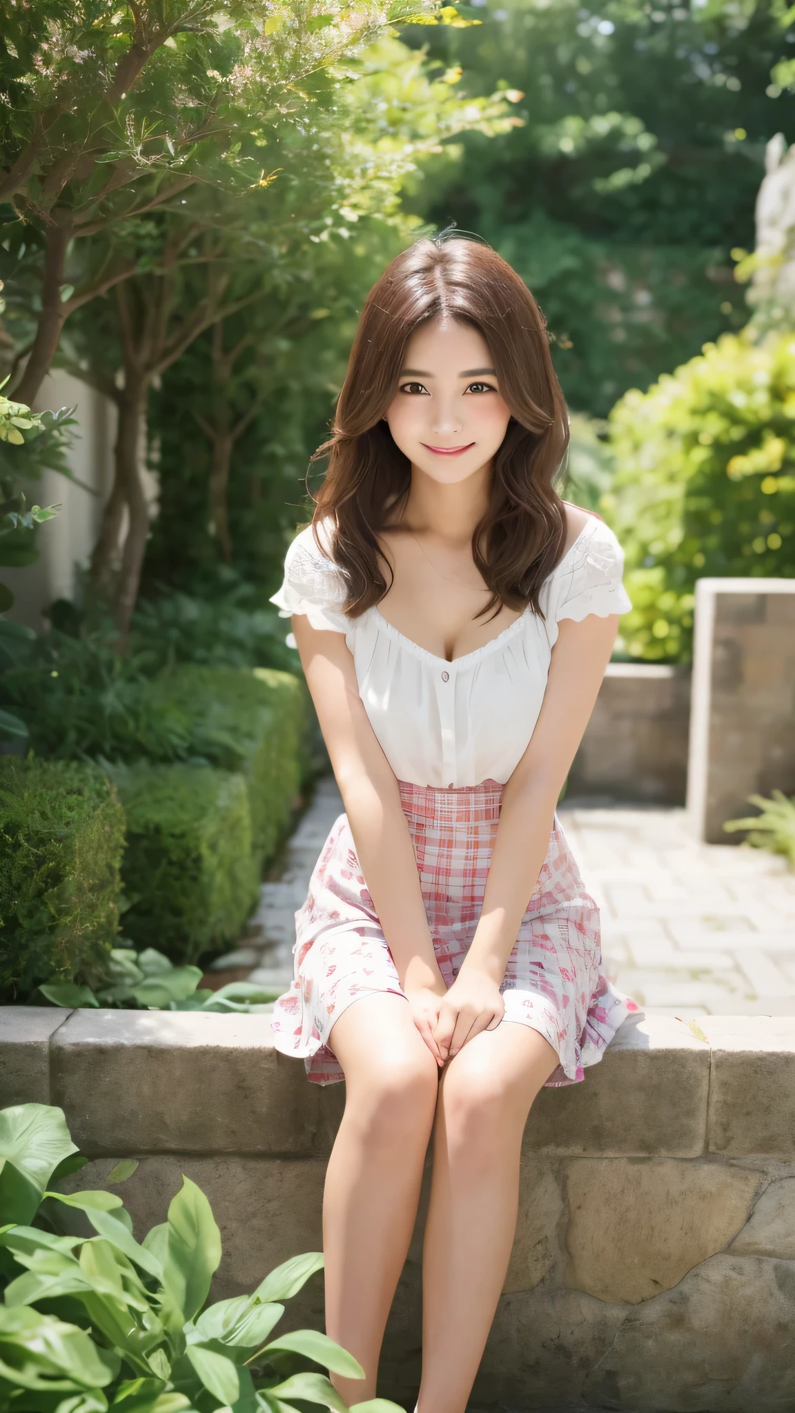 RAW photo, best image quality, 8k, genuine, genuine, super fine, super fineビューティー, professional writing, facial writing, written boundary depth, single focus, whole body, 25 year old female, small head, beautiful eyes, genuineな顔, genuineな肌, narrow eyes, (Fashionable hair:1. 3), Beautiful woman, cute face, fashionable girl, camisole&mini skirt, garden、smile、beautiful feet、thighs、long legs、shortcut、