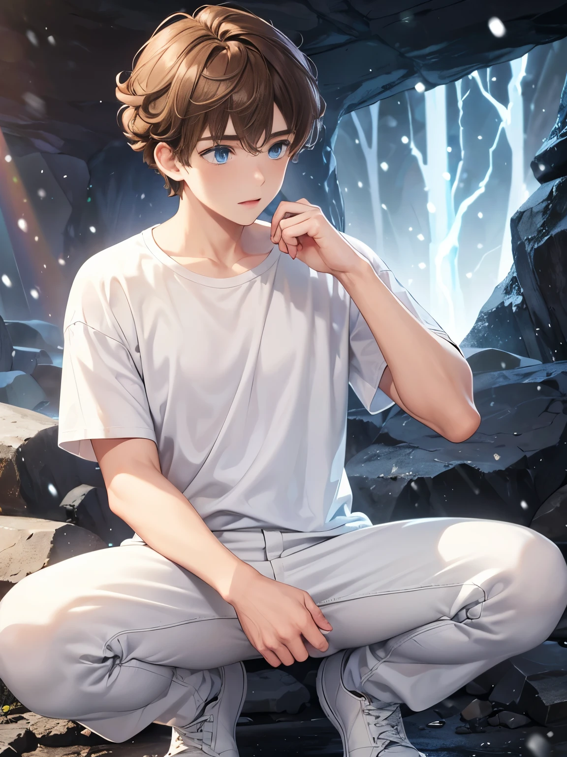 1boy,guy,blue eyes,squat,Light a campfire,In the cave,snowing, looking away,18 years old,Curly hair,medium hair,undercut hairstyle,light brown hair,Plain t-shirt, white t-shirt,white trousers,ultra detail, perfect face, hd face, detailed face, masterpiece