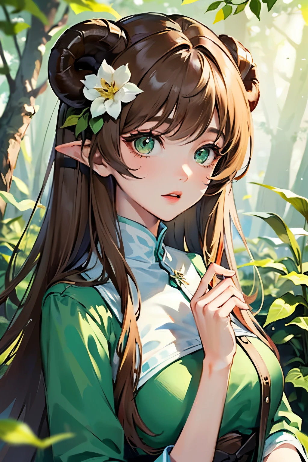 ((best quality)), ((masterpiece)), (detailed), perfect face a beautiful young woman that has big green fairy wings and animal, brown horns like on a sheep on her head. Her hair is long, curly and brown and her eyes shine in the color of green . She is wearing light make up and is in a green forest , so her surroundings are mostly green with flowers around and with lots of green leaves and trees . 1 woman, perfect green eyes and nature . She is wearing a very pretty light green dress with flower descents, long hair