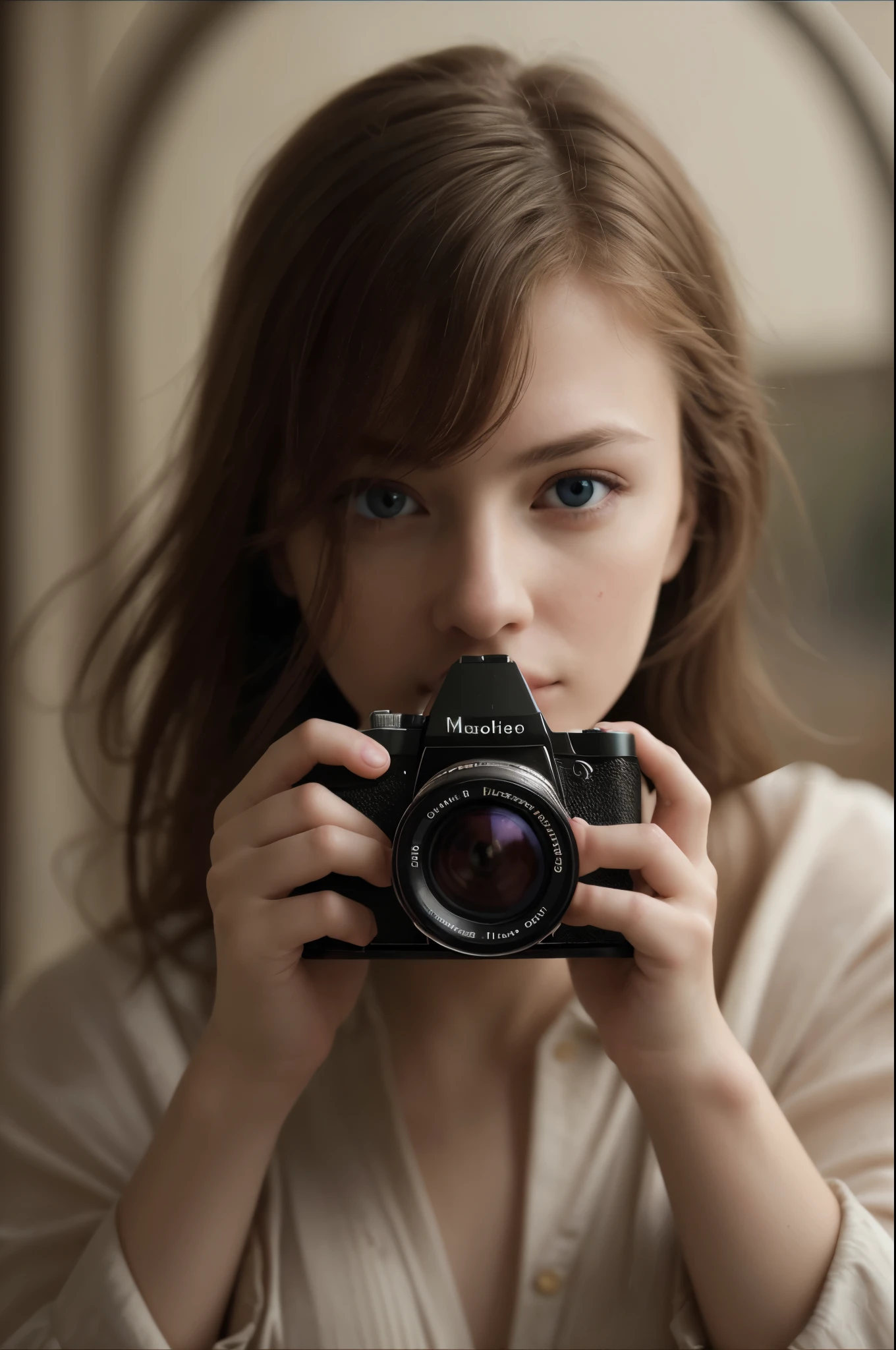 masterpiece, best quality, extremely detailed, hyperrealistic, photorealistic, a beautiful photographer, holding a camera with both hands:1.1, peering through that camera viewfinder:1.1, taking a photo
