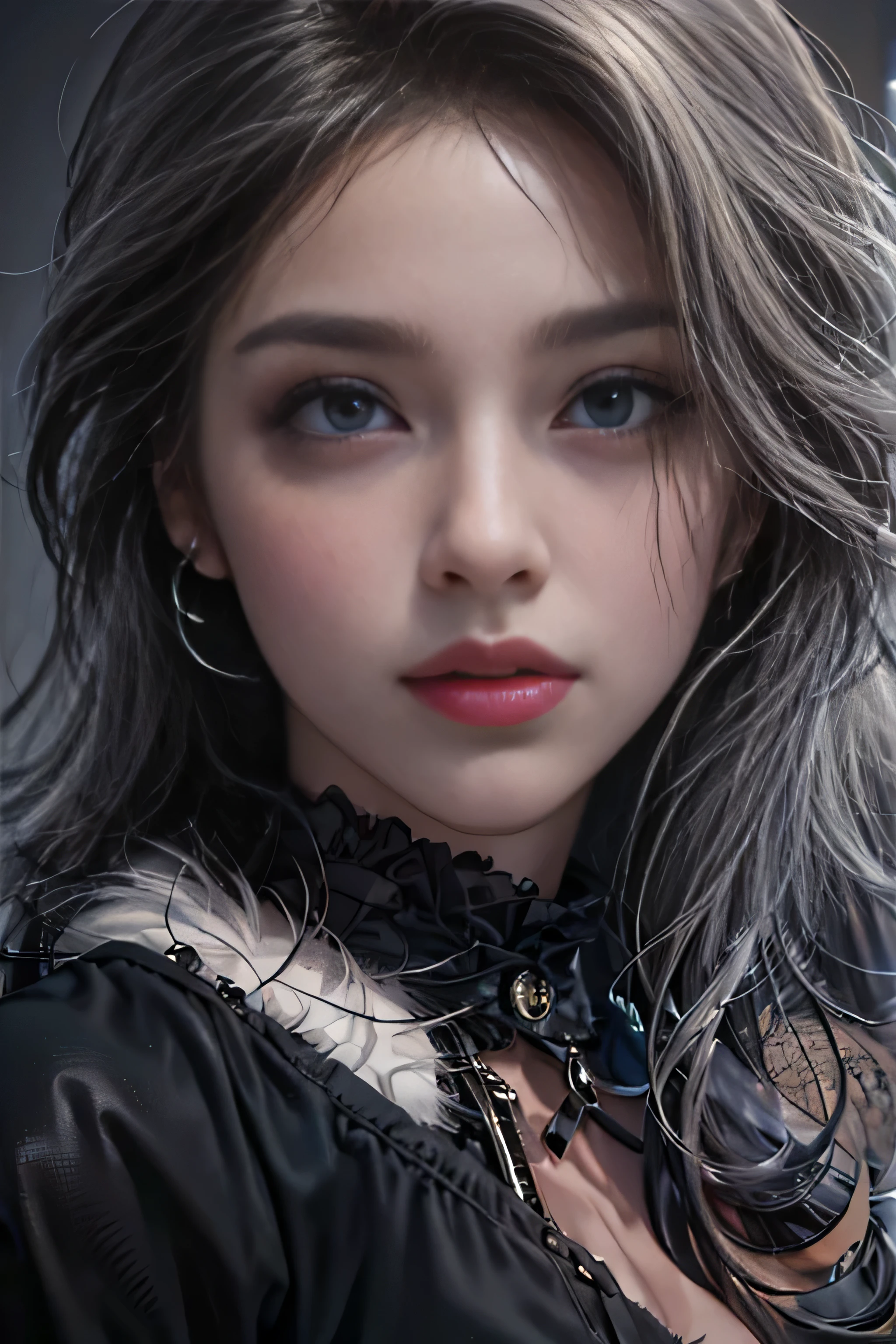 girl portrait photography, realistic, High resolution, 1 female, alone, Upper body, beautiful eyes, Close your lips, detailed face, gray hair, long hair, collared shirt, black tie,black skirt, pencil skirt, fur coat, stockings,(Black lace panties are visible)