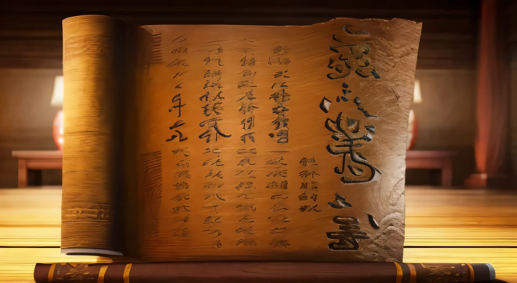 Close-up of scroll with Chinese text, golden Chinese text, old scroll, traditional Chinese textures, Chinese text, Highly detailed texture rendering, tibetan text script, Inspired by Cao Buxing, Inspired by Song Huizong, Inspired by Cao Zhibai, author:Yi Zaiguan, In line with ancient Chinese aesthetics, Detailed book illustrations