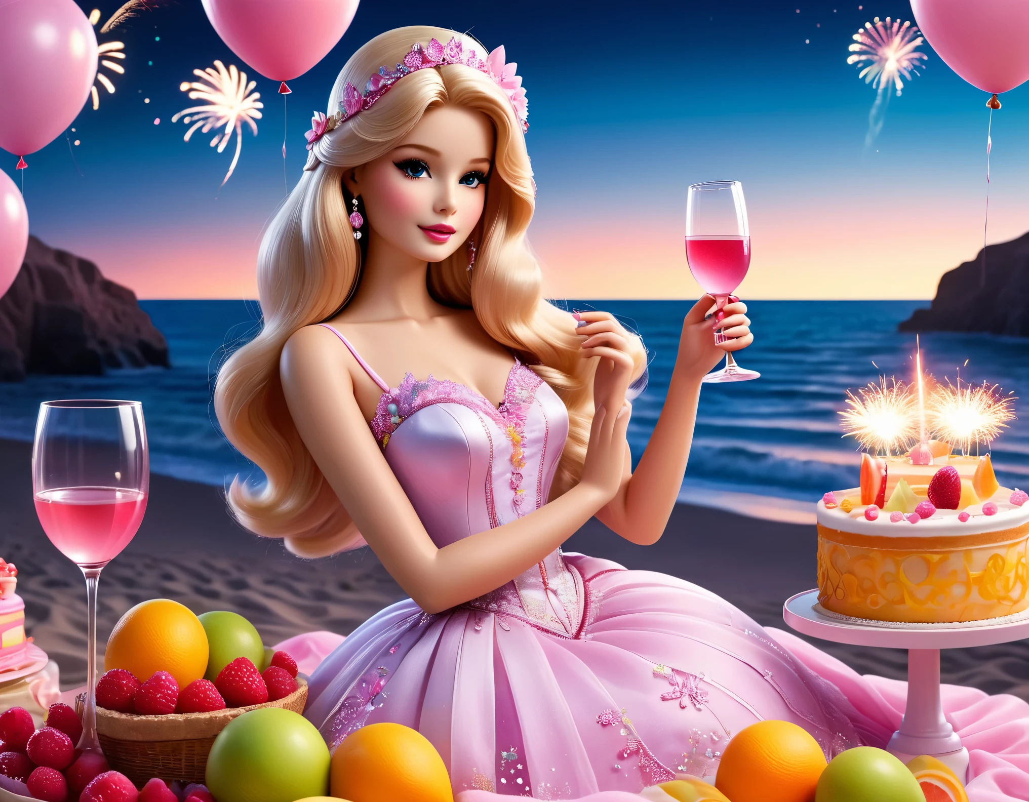 （Pink main color），photography style, art deco style，best quality,8k,high resolution,super detailed，super clear，creative style artwork,classical，beach ，3D rendering of Retro fashion, beautiful Barbie dolls are having a beach , Barbie dolls dressed in all kinds of beautiful clothes,Lots and lots of Barbie dolls of various colors， happy atmosphere, cake, candle, balloon, champagne, night, wine glass, fireworks, fruit, Pixar, pink main color, night,,a beautiful painting by Alphonse Mucha,pixar style,cartoon style,Masterpiece,Pastel Art,Magic Realism,Dreamlike,Wonderland, Ethereal, Retro,Anime,Cartoon,Kawaii,depth of field (dof),long shot,dramatic lighting,