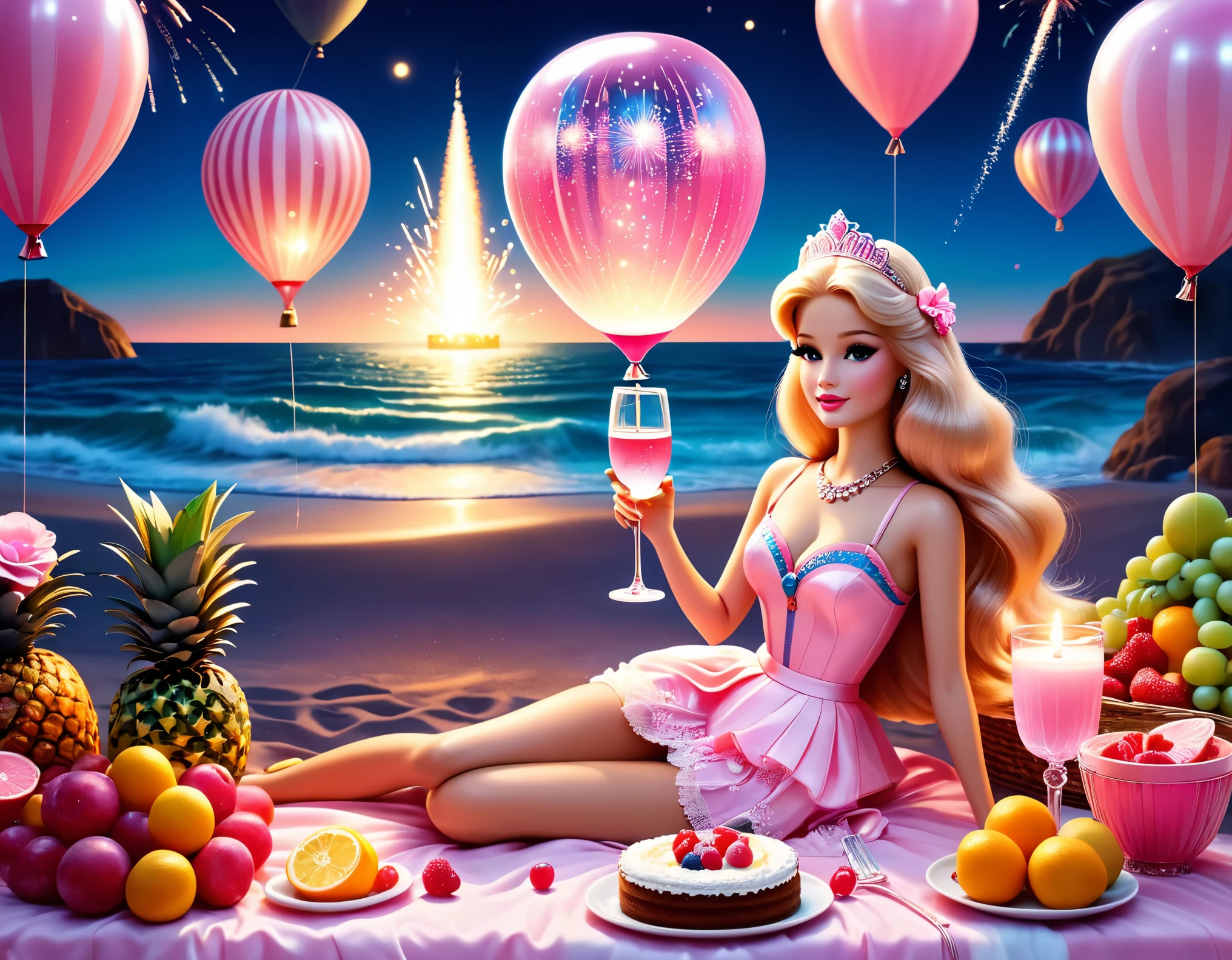 （Pink main color），photography style, art deco style，best quality,8k,high resolution,super detailed，super clear，creative style artwork,classical，beach ，3D rendering of Retro fashion, beautiful Barbie dolls are having a beach , Barbie dolls dressed in all kinds of beautiful clothes,Lots and lots of Barbie dolls of various colors， happy atmosphere, cake, candle, balloon, champagne, night, wine glass, fireworks, fruit, Pixar, pink main color, night,,a beautiful painting by Alphonse Mucha,pixar style,cartoon style,Masterpiece,Pastel Art,Magic Realism,Dreamlike,Wonderland, Ethereal, Retro,Anime,Cartoon,Kawaii,depth of field (dof),long shot,dramatic lighting,