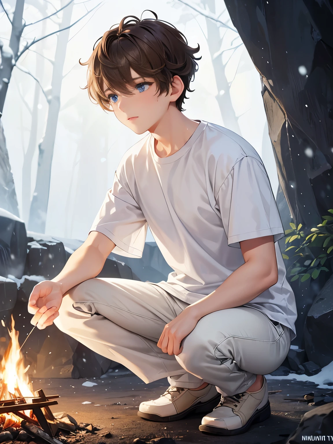 1boy,guy,blue eyes,squat,Light a campfire,In the cave,snowing,Hands closing eyes, looking away,18 years old,Curly hair,medium hair,undercut hairstyle,light brown hair,Plain t-shirt, white t-shirt,white trousers,ultra detail, perfect face, hd face, detailed face, masterpiece