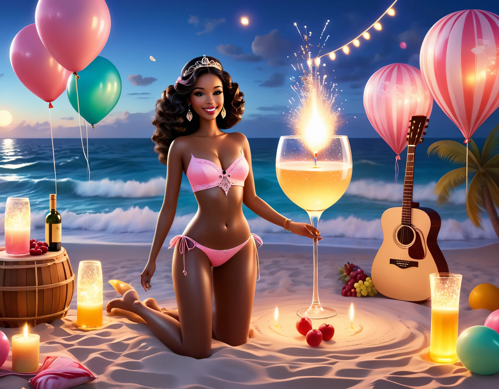 （Pink main color），photography style, art deco style，best quality,8k,high resolution,super detailed，super clear，creative style artwork,classical，beach party，3D rendering of Retro fashion, beautiful Barbie dolls are having a beach , Barbie dolls dressed in all kinds of beautiful clothes,Lots and lots of Barbie dolls of various colors， happy atmosphere, cake, candle, balloon, champagne, night, wine glass, fireworks, fruit, Pixar, pink main color, night,,a beautiful painting by Alphonse Mucha,pixar style,cartoon style,Masterpiece,Pastel Art,Magic Realism,Dreamlike,Wonderland, Ethereal, Retro,Anime,Cartoon,Kawaii,depth of field (dof),long shot,dramatic，Warm and lively  atmosphere，（Beautiful black female singer singing while standing in front of floor standing microphone），stage，Guitar，Drum set，Advanced musical instruments，Crazy playing with laughter、The sound of waves and music intertwined，wine glass，wine bottle，Create a lazy yet energetic atmosphere，（Some people making magnificent sandcastles on the beach），Enjoy rare leisure time。far away，Some brave swimmers are taking a dip in the sea，Their figures looked particularly strong and healthy under the setting sun.。many musical instruments，Bunting，fireworks
