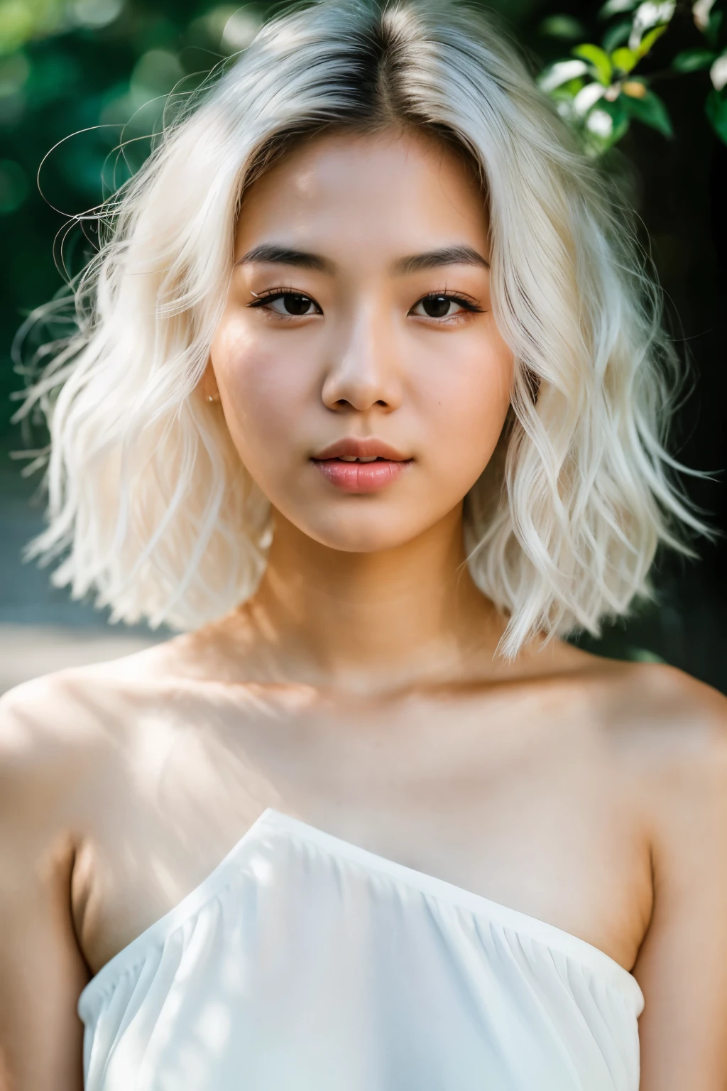 best quality, high resolution),portrait photo of a beautiful 23-year-old Asian woman with shoulder-length hair, white hair color, curly hair, detailed face, beautiful face, cinematic frame, sharp shadows, spectacular lighting, in a white dress, (raw photo)