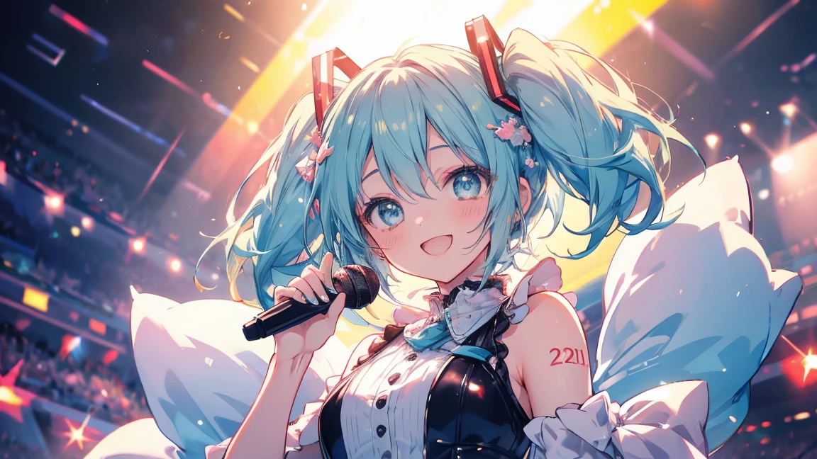 miku hatsune、short hair、Live venue、open your mouth、happy smile、I have a microphone((A masterpiece of the highest quality:1.2)), [[[Hand with multiple limbus formation]]]