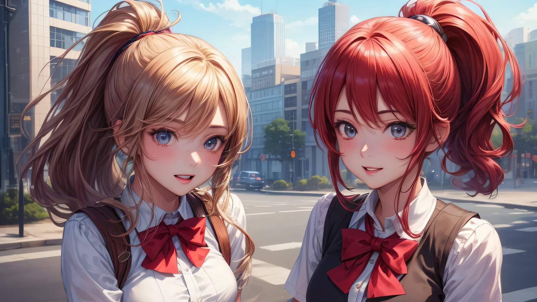 (2 girls:1.2), cute face, shining smile, (ponytail:1.2), (school uniform, mini skirt:1.2), (highest quality: 1.4), (Super detailed), (highest quality:1.4), (super detailed), (anime illustration), very high resolution, (Upper body), close up face, city, road, building